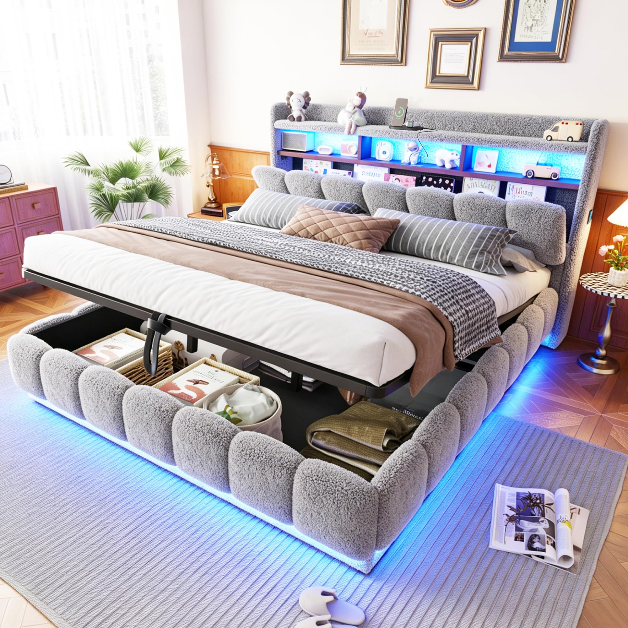 Cama Canapé 180x200 con Cabecero Acolchado Cama Tapizada con Almacenamiento Integrado Estructura Matrimonial con Elevación Hidráulica con Somier de Lamas con Tapizado Bouclé Apartamento Gris