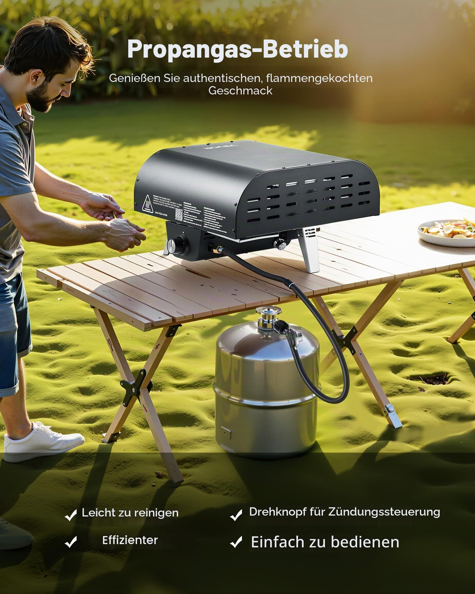 VEVOR Pizzaofen für den Außenbereich, Propan-Gas, mit elektrischer Rotation und dickem Pizzastein, tragbar, für Camping, Garten, Terrasse, mit Tragetasche, Schwarz, 470 x 430 x 270 mm