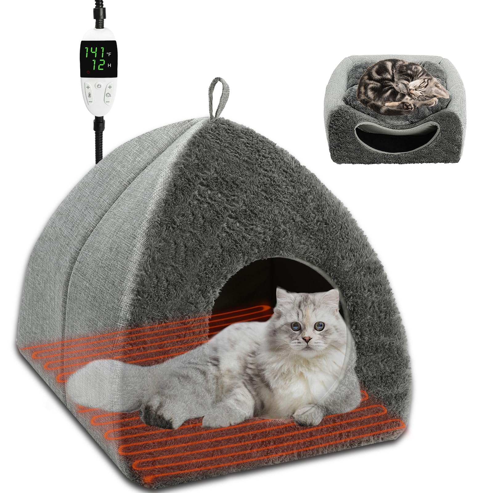 BWOGUE Letto riscaldato per gatti 2 in 1, letto riscaldato per gatti, con temperatura regolabile e timer, cuccia riscaldante per gatti da interni, gatti anziani, 42 x 42 x 41 cm (tappetino riscaldante