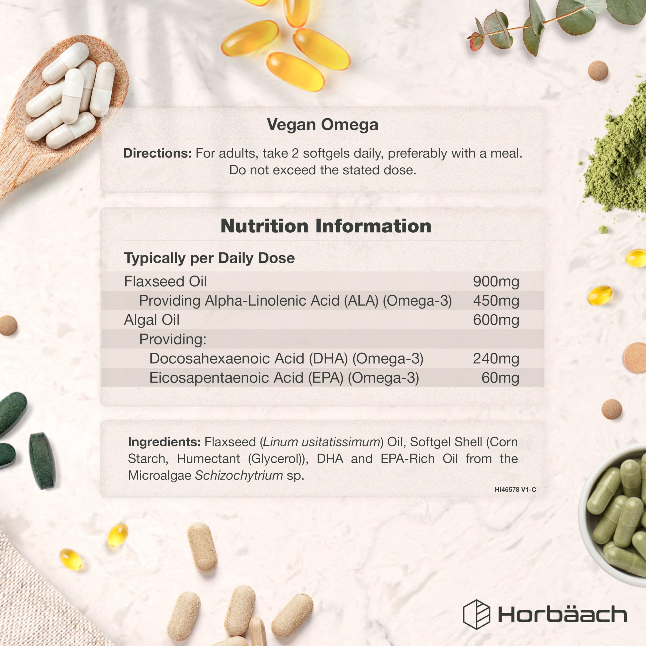 Omega 3 DHA z oleju z Alg 1500mg | Wegańskie | 60 kapsułek miękkich | Wysoka Zawartość: 450mg ALA i 240mg DHA | marki Horbaach