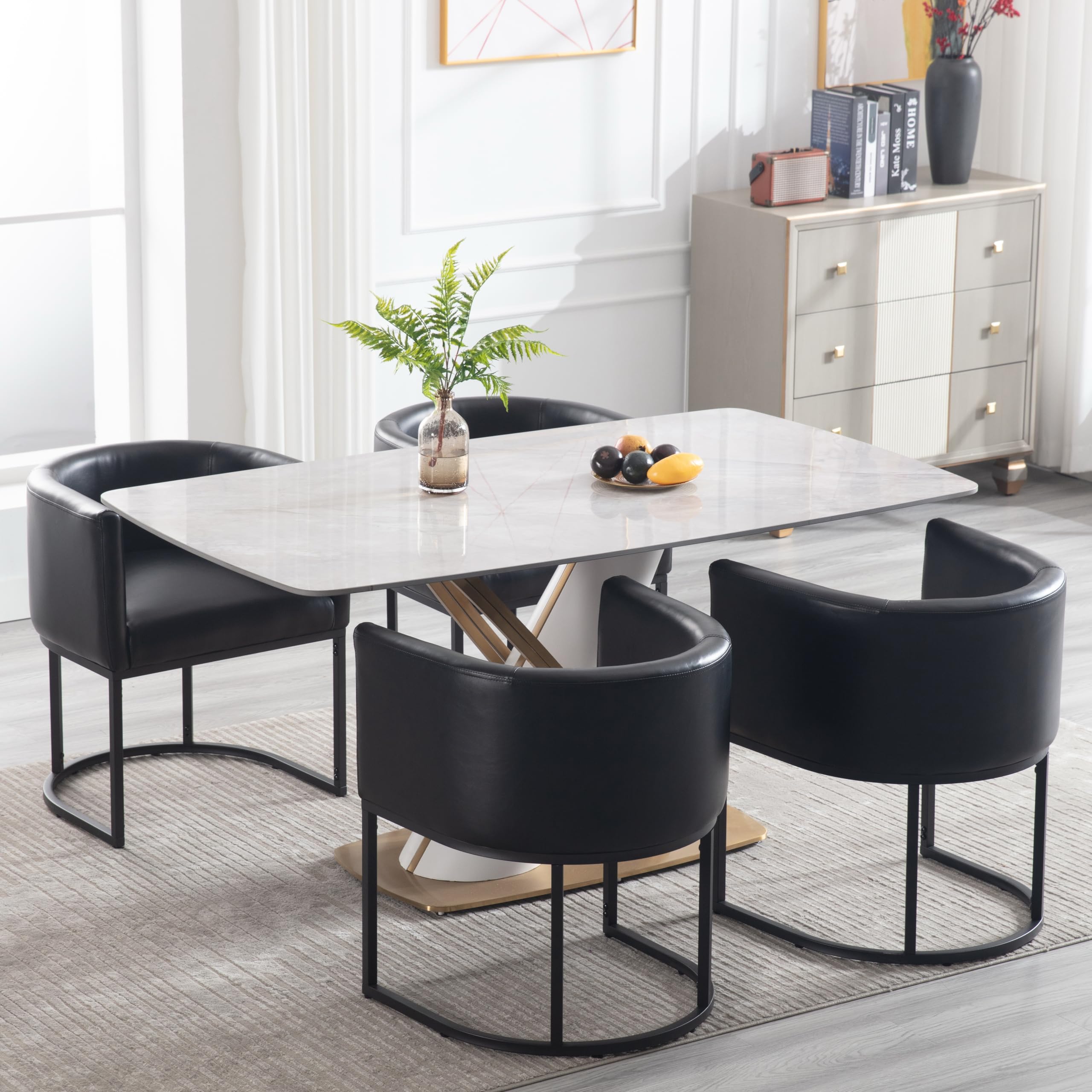 RIVOVA Upholstered Dining Chairs Set of 4, Modern Barrel Side Armchair Upholstered Dining Room Chairs Comfy Armchair Kitchen Side Chair for Living Room, Black PU Leather