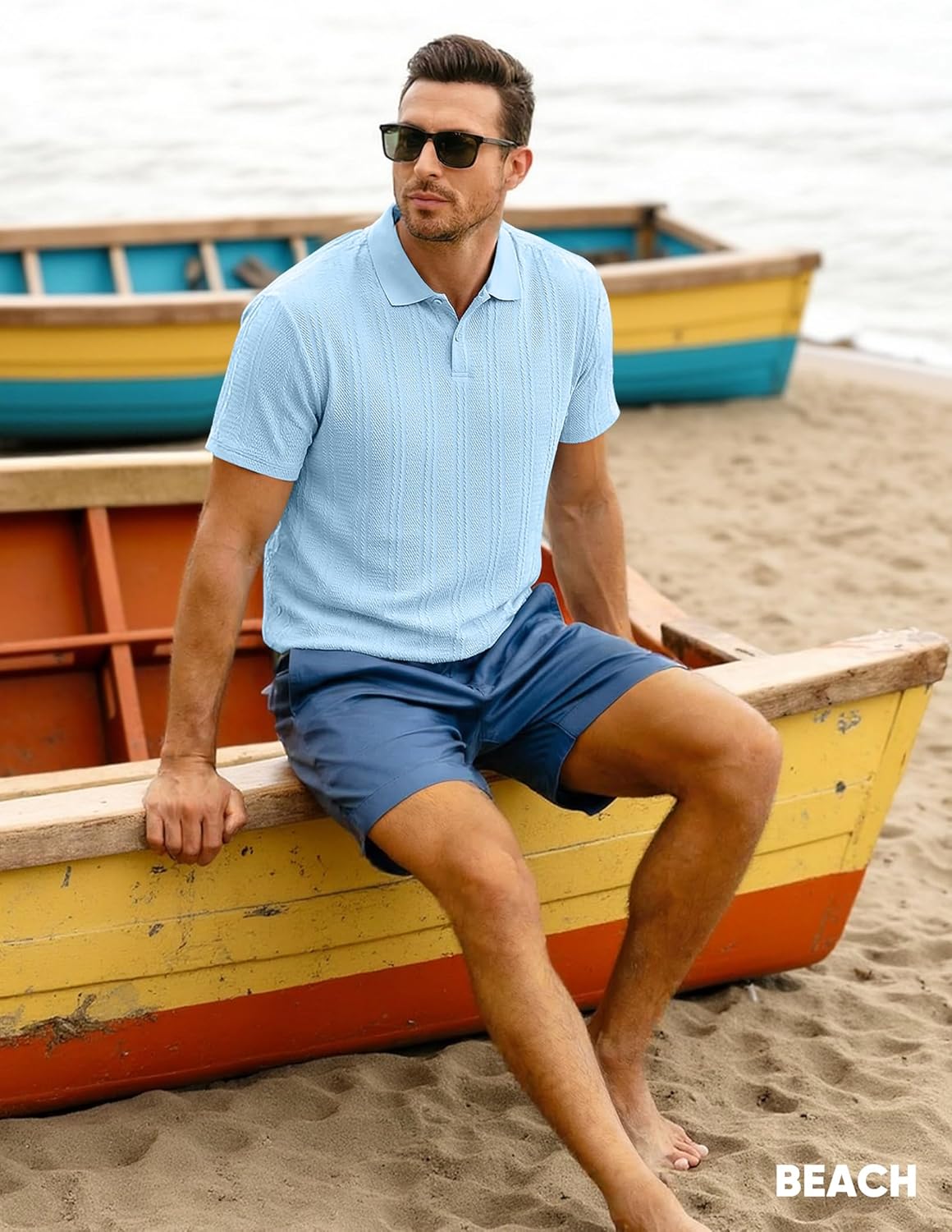 JMIERR Mens Polo Shirt Textured Short Sleeve Summer Button Collar Knitted Golf Polos - Image 4