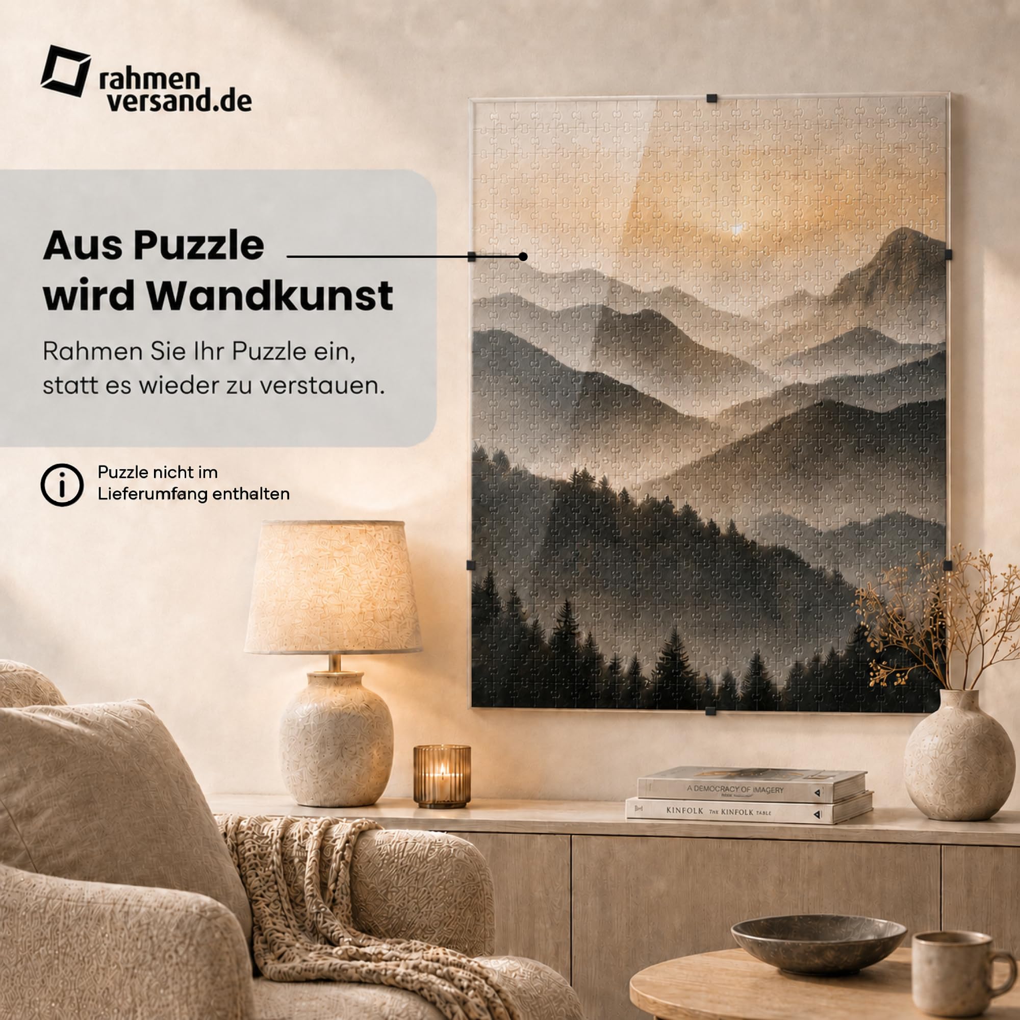 PANORAHMA Cadre photo sans cadre pour puzzle (50 x 70 cm) – Cadre de puzzle jusqu'à 1000 pièces – Verre antireflet avec clips et crochets – Aspect sans bords – Format portrait et paysage