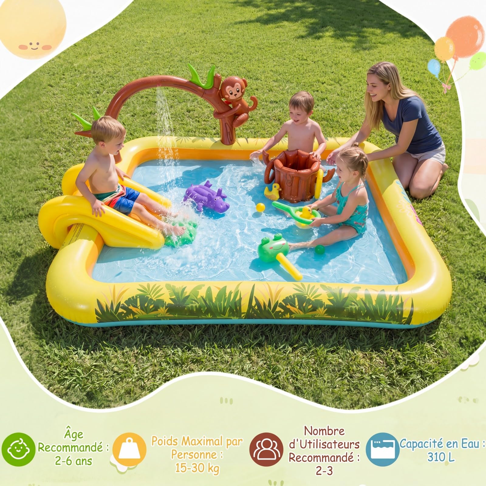 COSTWAY Piscine Gonflable Enfants Jungle avec Toboggan et Arroseur, Aire de Jeu Pataugeoire avec Jeu de Lancer d'Anneaux et Jouet Singe et Hippopotame pour Jardin Balcon Plage, 2-6 Ans, 207x168x77cm