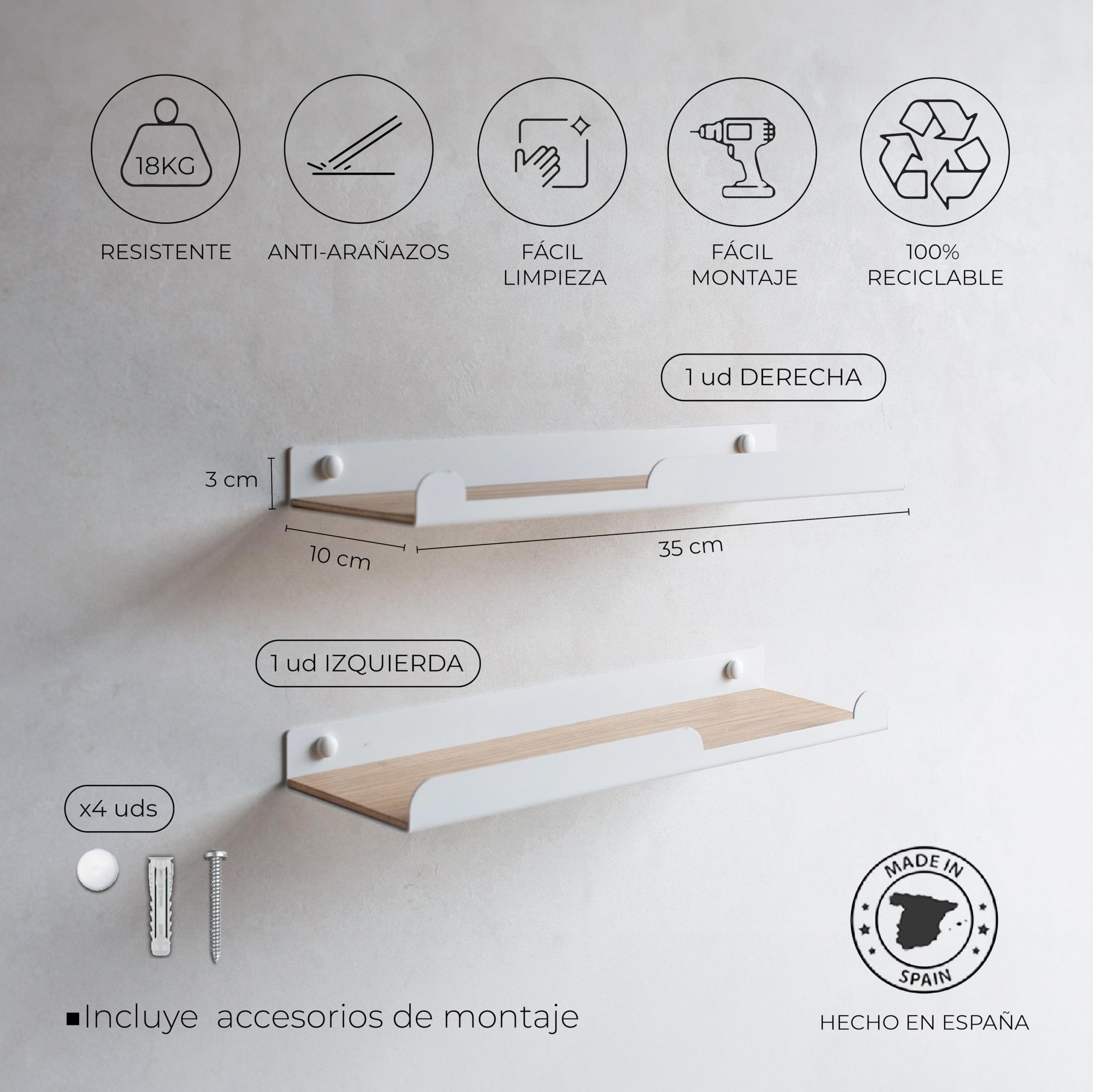 MILUKA Set 2 Baldas Flotantes Pared de 35 cm, con Colgador, Blanco/Roble | Repisas de Pared en metal blanco y base en madera roble | Pequeña Estanteria de 2 estantes para baño, dormitorio y recibidor