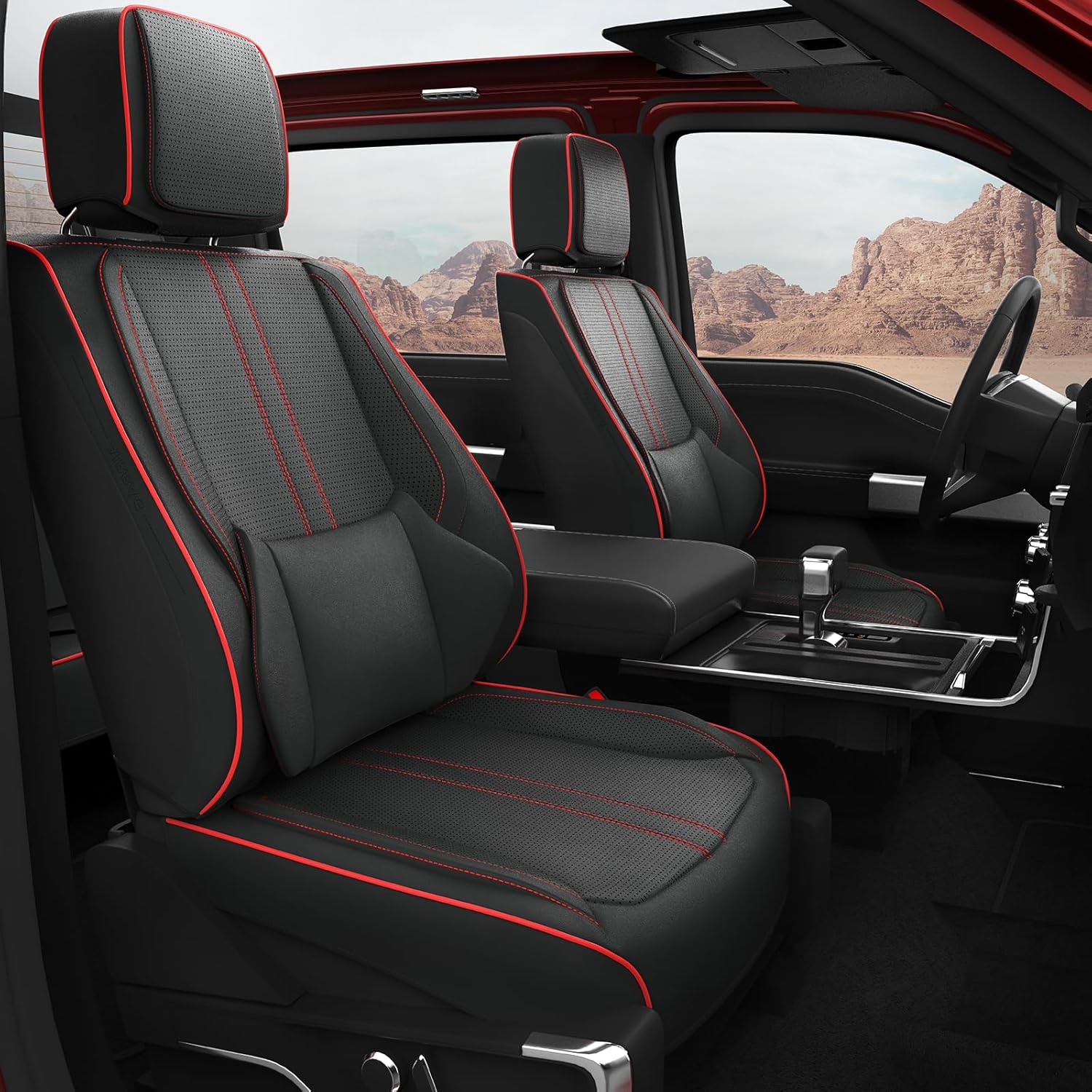 Front Seat Covers for Ford F-150 (2015–2024), Custom-Fit Waterproof Leather, Durable Stitching & Comfortable Fit – 2 PCS, Black/Red Stitching