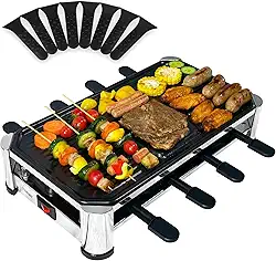 TAMARIT Grelha Raclette para 8 pessoas, grelha elétrica para festa com placa antiaderente, 8 panelas e espátulas, 1500 W (interior), aço inoxidável