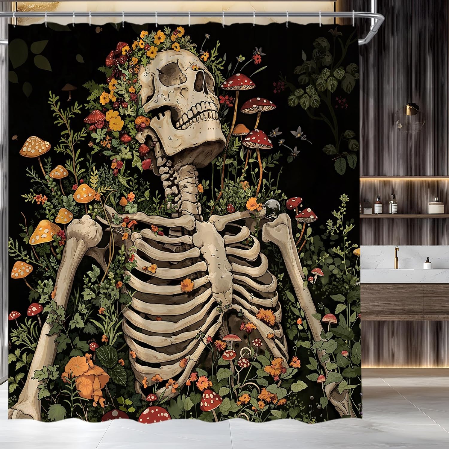 Sugar Skull Floral Shower Curtain Gothic Spooky Halloween Floral Skeleton Plant Vintage Mystical Home Fabric Bathroom Decor Set Include Hooks,(70" Wx74.8 H)
