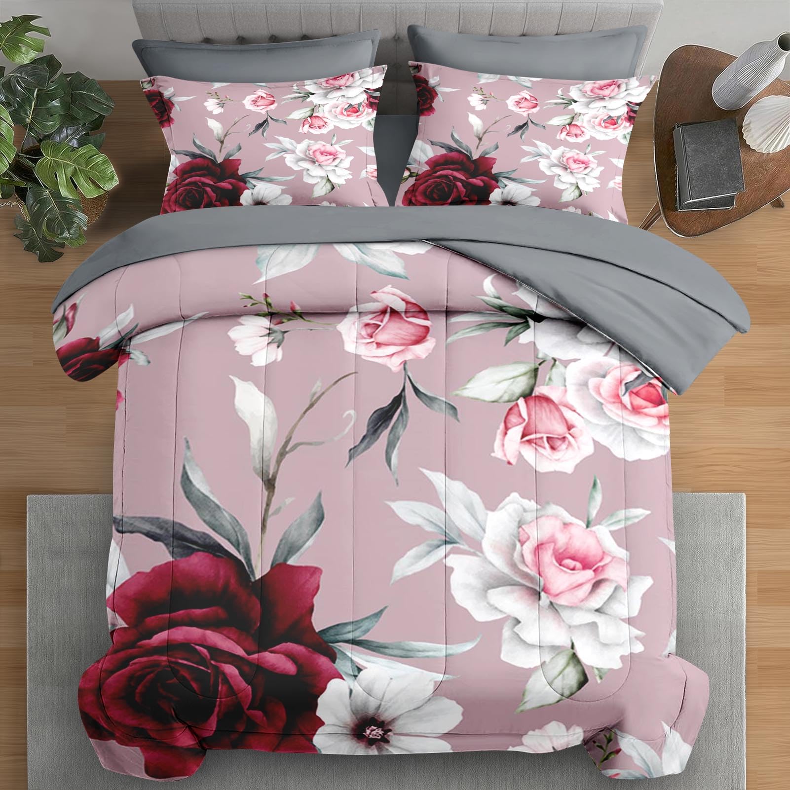 Pamnest Comforter Set Queen Size, Rose Flower Leaves 7 Pcs Bedding for Kids and Adults, Painting Vintage Bed Sheet Sets with Fitted Sheet 2