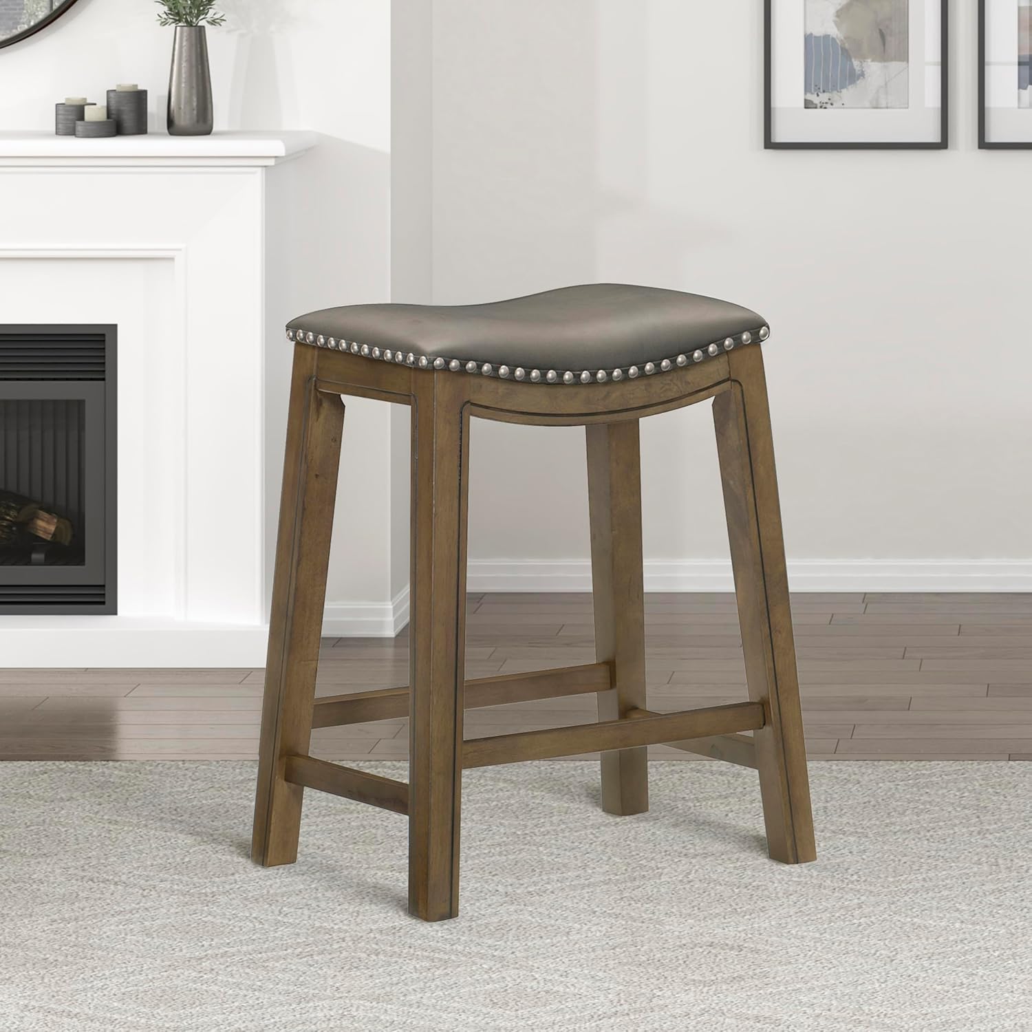 Lexicon Ordway Solid Wood Counter Height Stool - Saddle Kitchen Stool Counter Height Stools for Dining, Armless Chair Seating Options, Perfect for Casual Entertaining Spaces, 25" SH, Gray