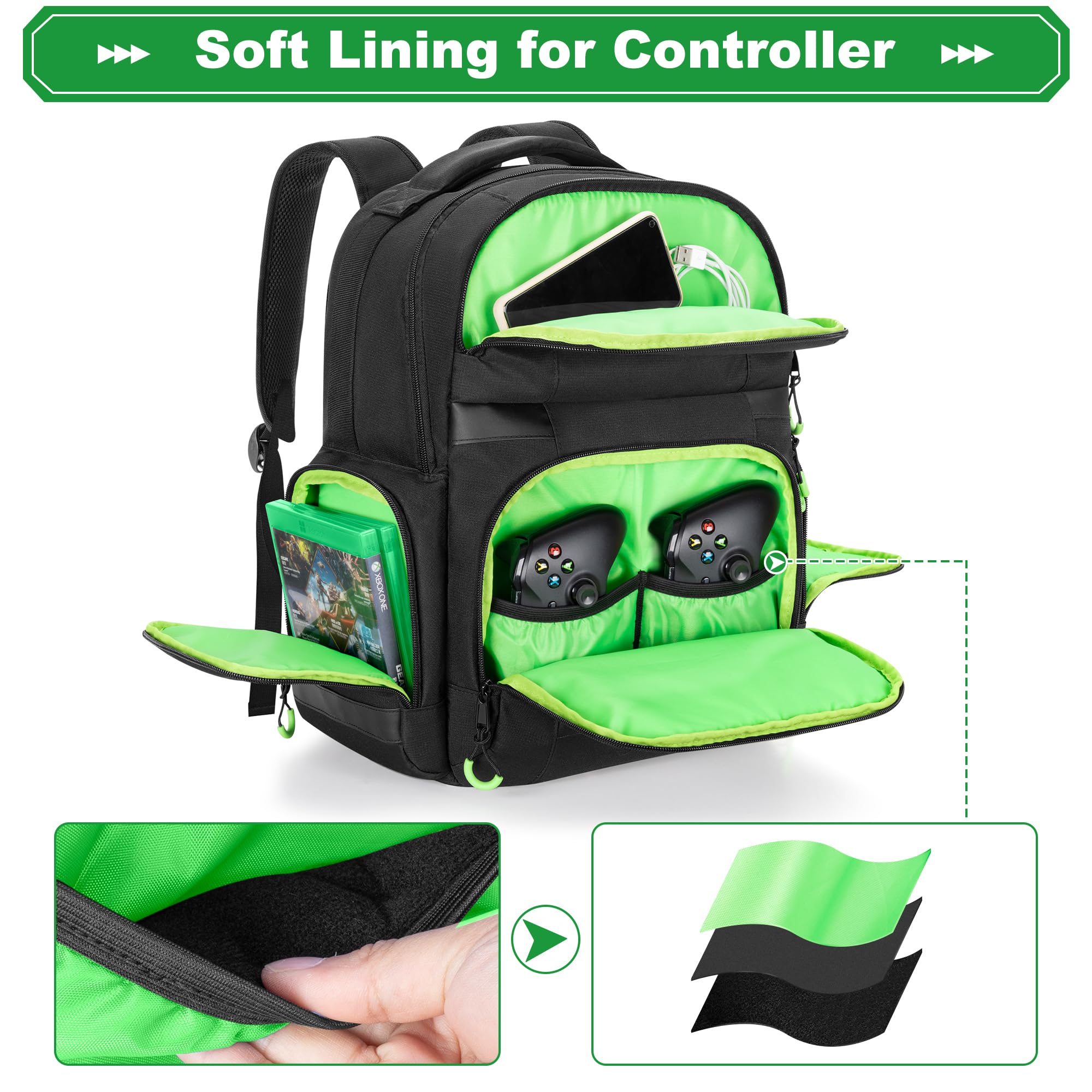 PGmoon Zaino Compatibile con La Console Xbox Series X/S, Custodia da Viaggio con Vano Portaoggetti Separato per Console, Cuffie, Controller, Tasche Multiple per Accessori da Gioco (Design Brevettato)