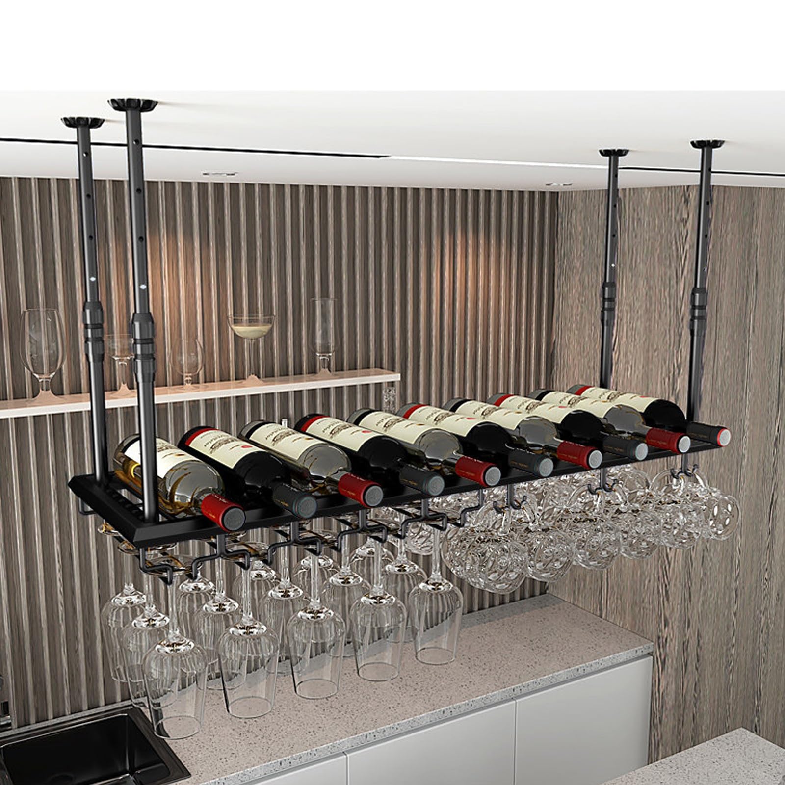ASYJVWYZ Adjustable Height Ceiling Wine Rack, Black Metal Suspended Wine Bottle Storage Shelf For Bar, Kitchen, Restaurant(Style B,100x30cm/39x12in)