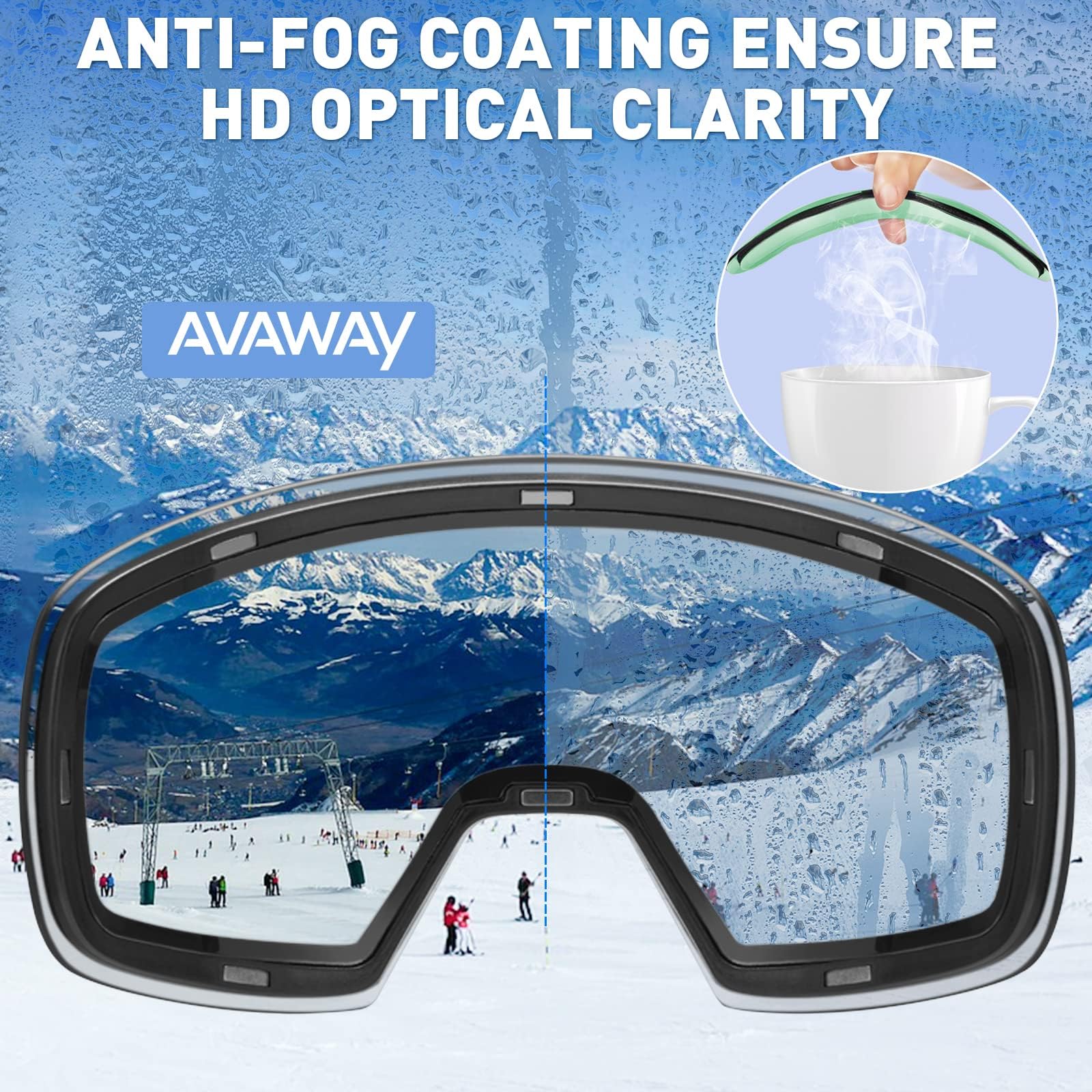 AVAWAY Masque de Ski Homme Femme Lunettes de Ski Lentille magnétique UV Protection Remplaçable, résistant à l'eau, au brouillard et au vent, Solide et sûr, Ski Snowboard Autres Sports Hiver