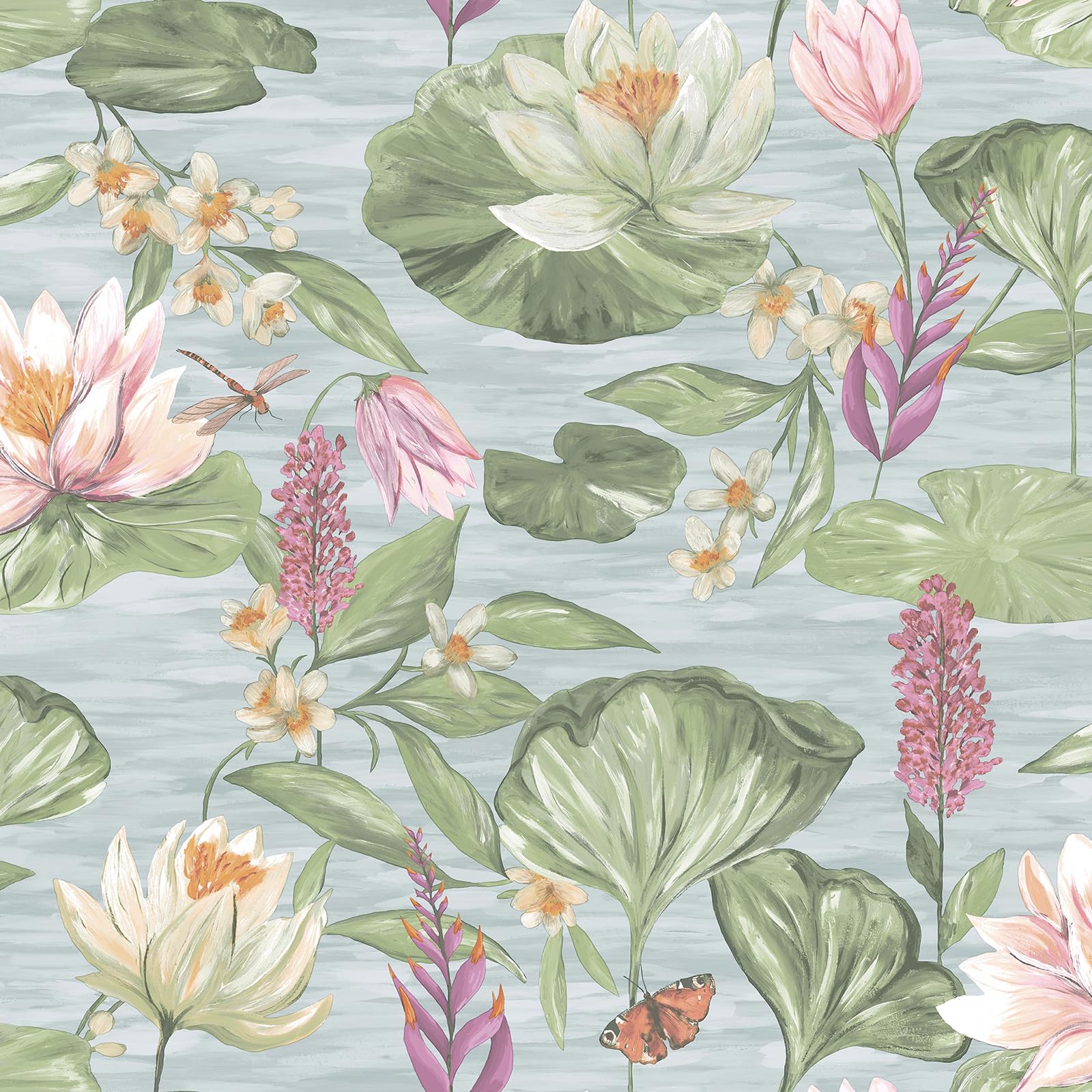 Holden Decor Blue Holden Rural Paradise Lily Pad Wallpaper - Modern Wallpaper For Living Room, Bedroom, Fireplace - Decorative Luxury Floral Wall Paper With Marsh & Pond Pattern (Blue)