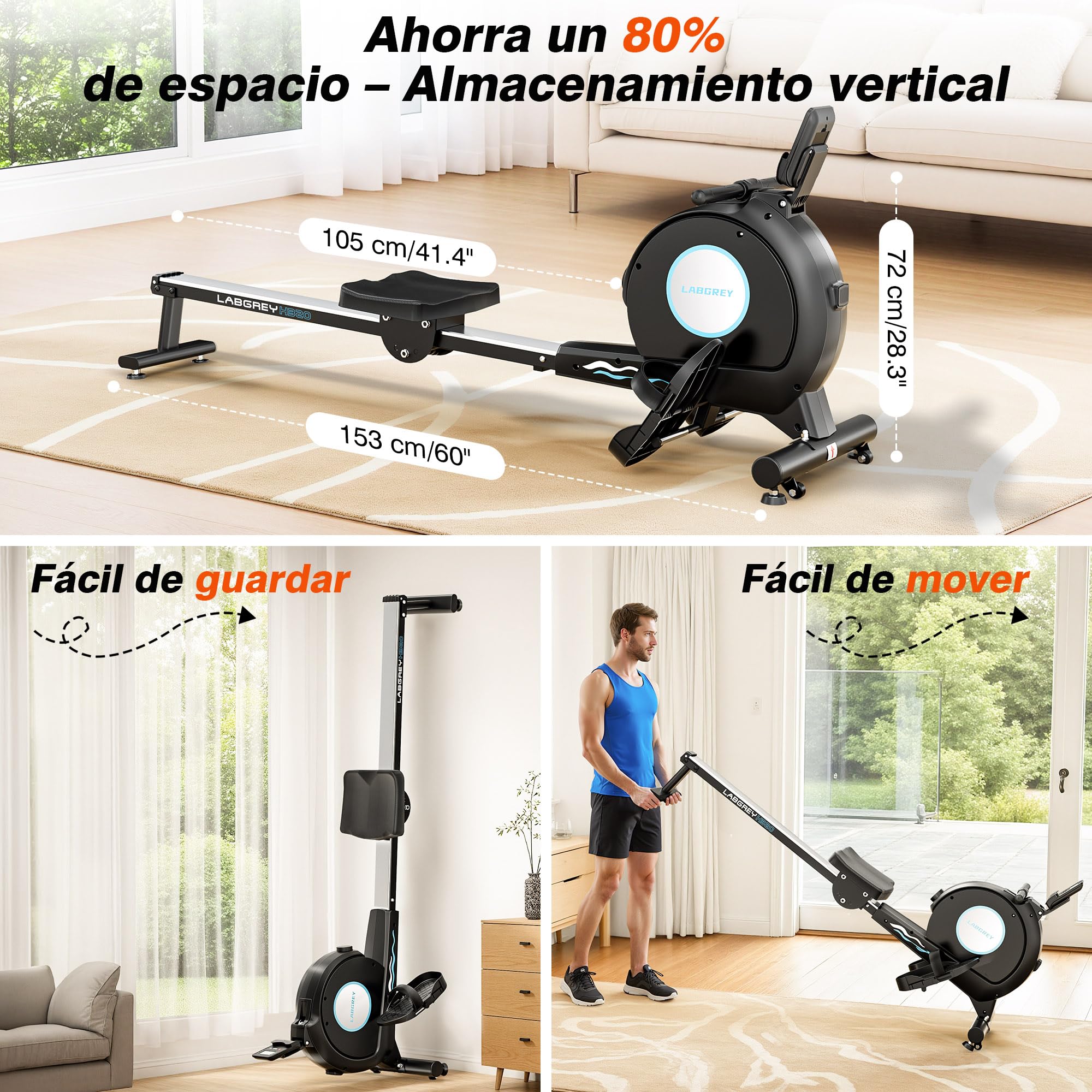 LABGREY Rameur Magnétique D'appartement, Rameur Bluetooth, Écran LCD, Silencieux, Capacité Maximale 158 kg, Idéal pour l’Entraînement Cardio à Domicile