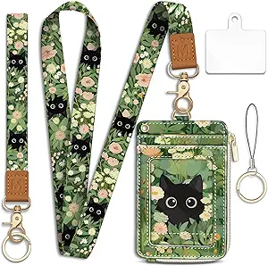 Lanyard Wallet with Id Badge Holder, Floral Cat RFID Small Keychain Wallet Women Wristlet, Cute Zipper Credit Card Holder Phone Wrist Neck Strap for Key Name Tag, Teacher Student Office Gifts