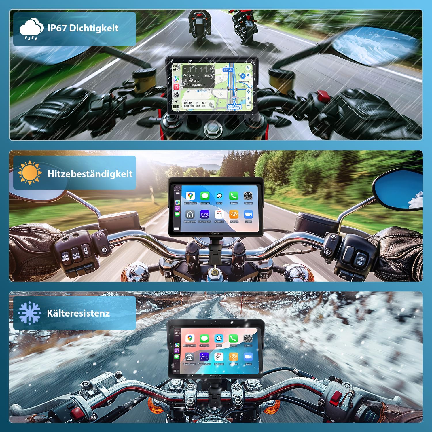 Motorrad Carplay Display 7 Zoll IP67 Wasserdichter Touchscreen, Tragbares CarPlay und Android Auto für Motorrad, unterstützt Bluetooth Trans, GPS-Navigation, Siri – 722