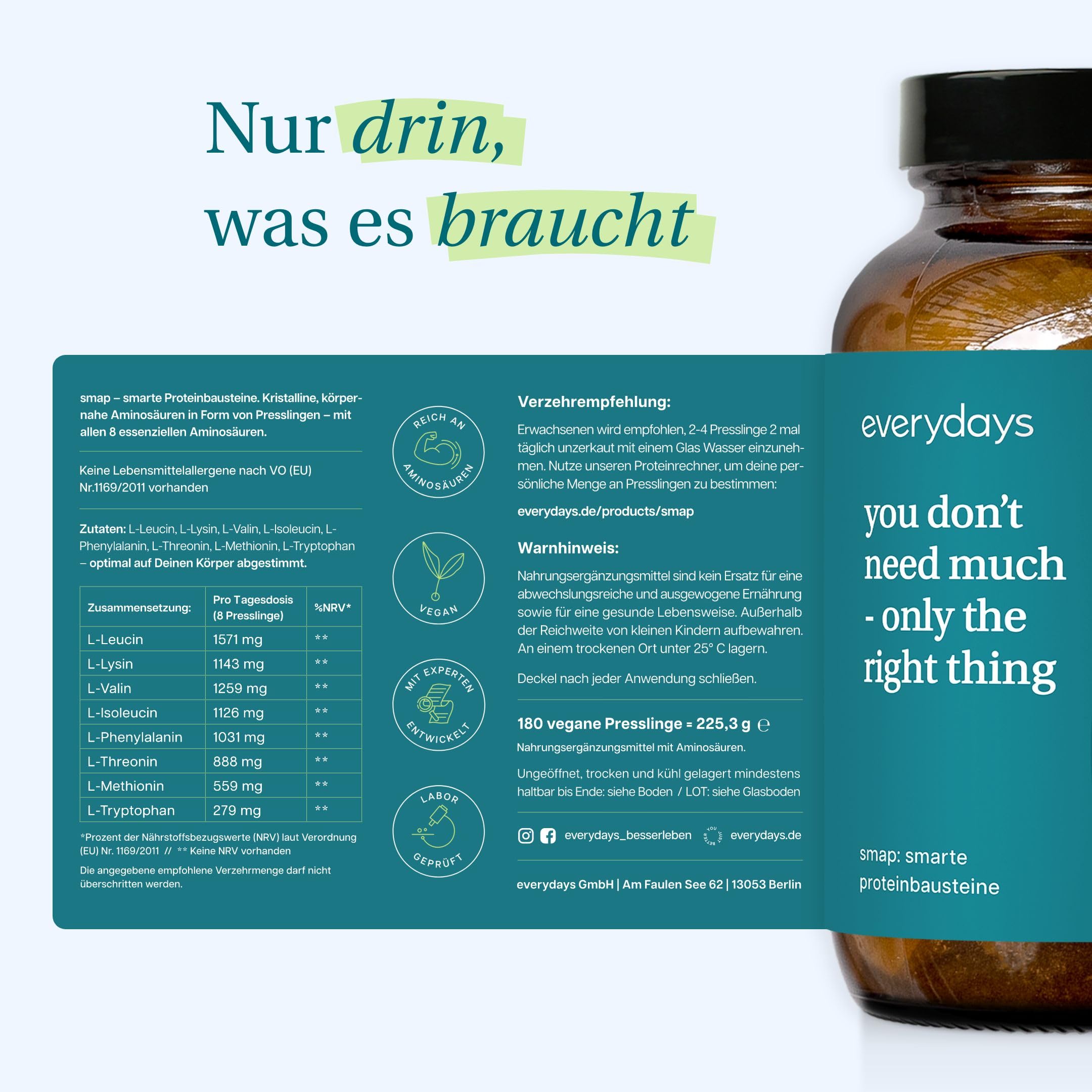everydays – smap® Tabletten – 100% reiner Aminosäuren Komplex hochdosiert – vegan & in Deutschland hergestellt – kristalline Aminosäuren gewonnen aus Fermentation (180 Tabletten)
