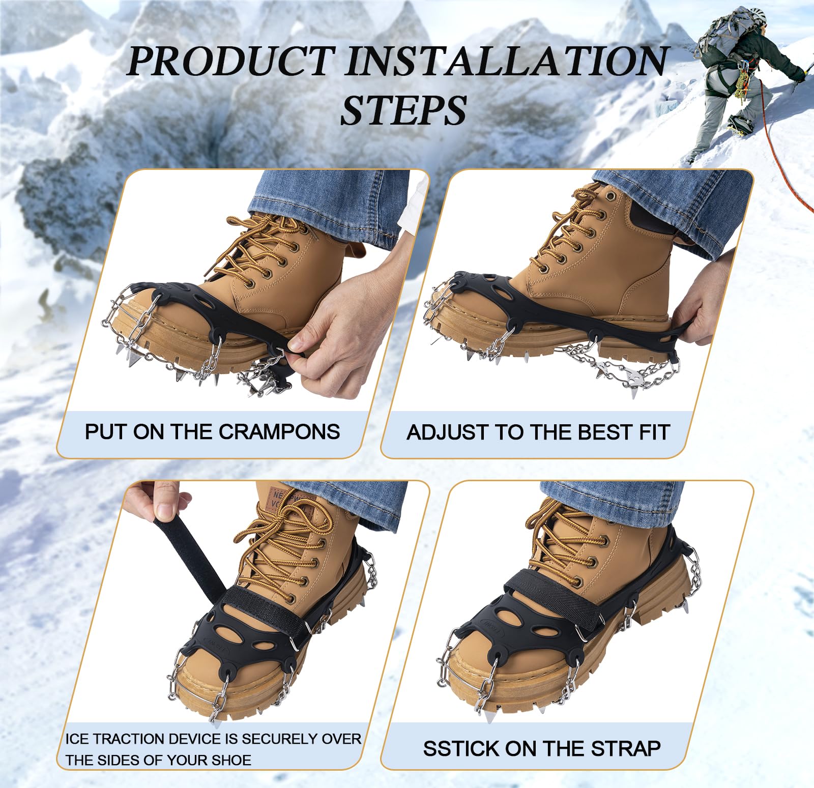 Ramponi per scarponi da trekking, scarpe, antiscivolo 19 ramponi in acciaio inox tacchetti da ghiaccio trazione neve grip sicuro proteggere per donne uomini bambini camminare arrampicata