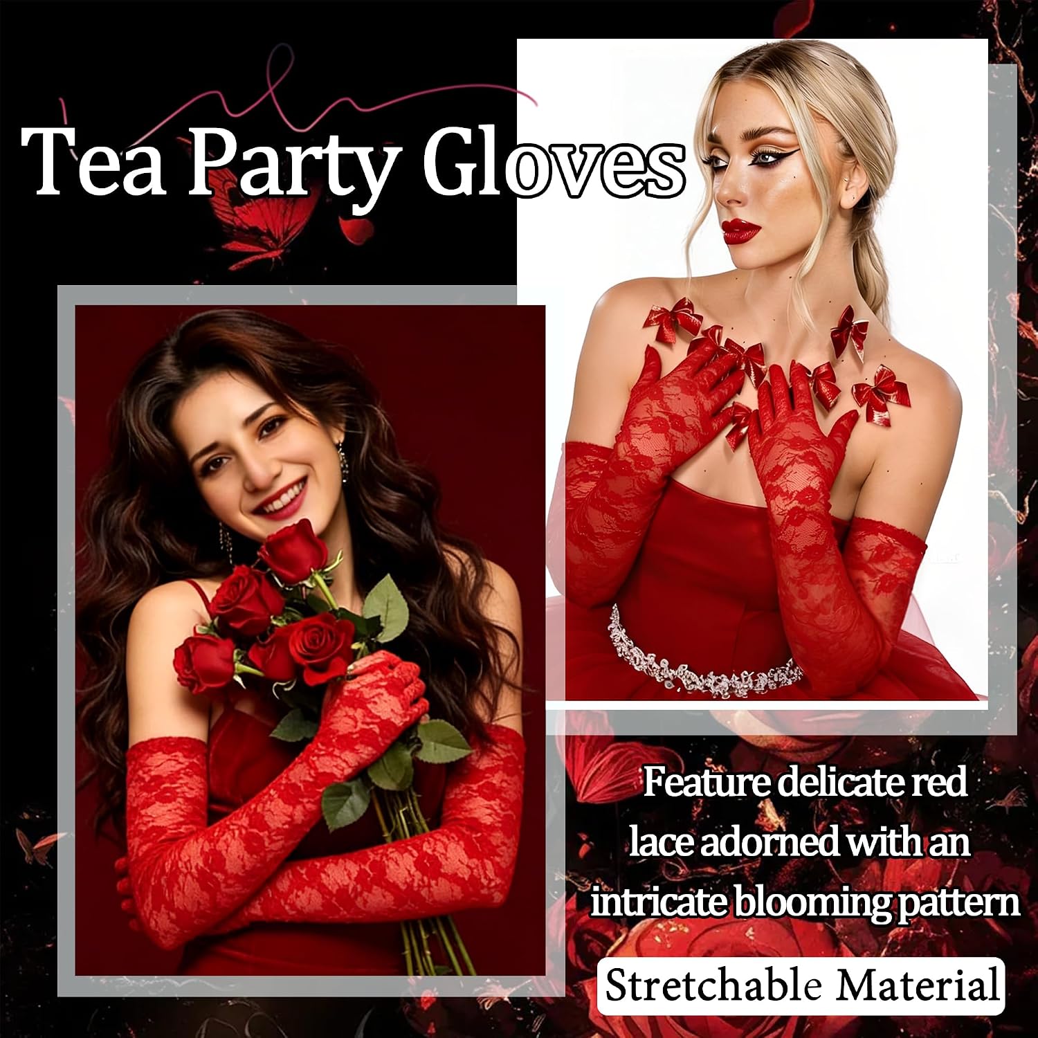 Long Lace Gloves Tea Party Gloves Elegant Stretchy Floral Lace Glove for Women Cocktail Opera Wedding (21.3 Inch)