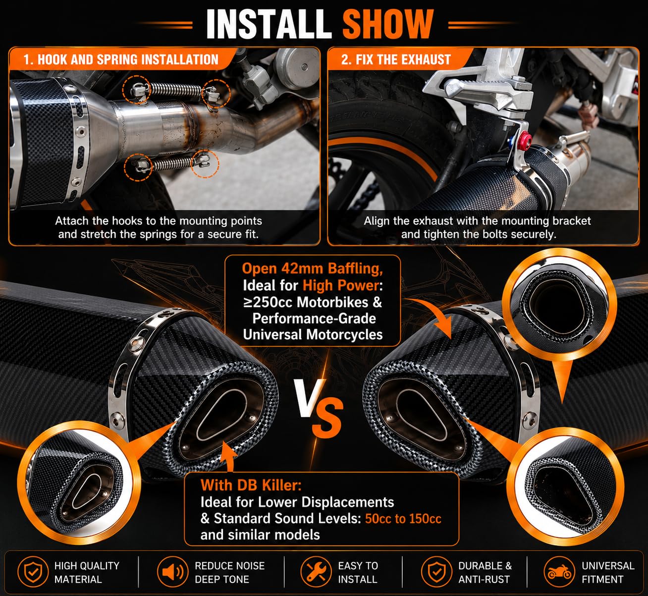 Universal Motorrad Auspuff Schalldämpfer 51mm Edelstahl, Slip-On Endschalldämpfer mit Montagesatz, kompatibel mit FZ6N R1 R3 R6 NMAX TMAX 800