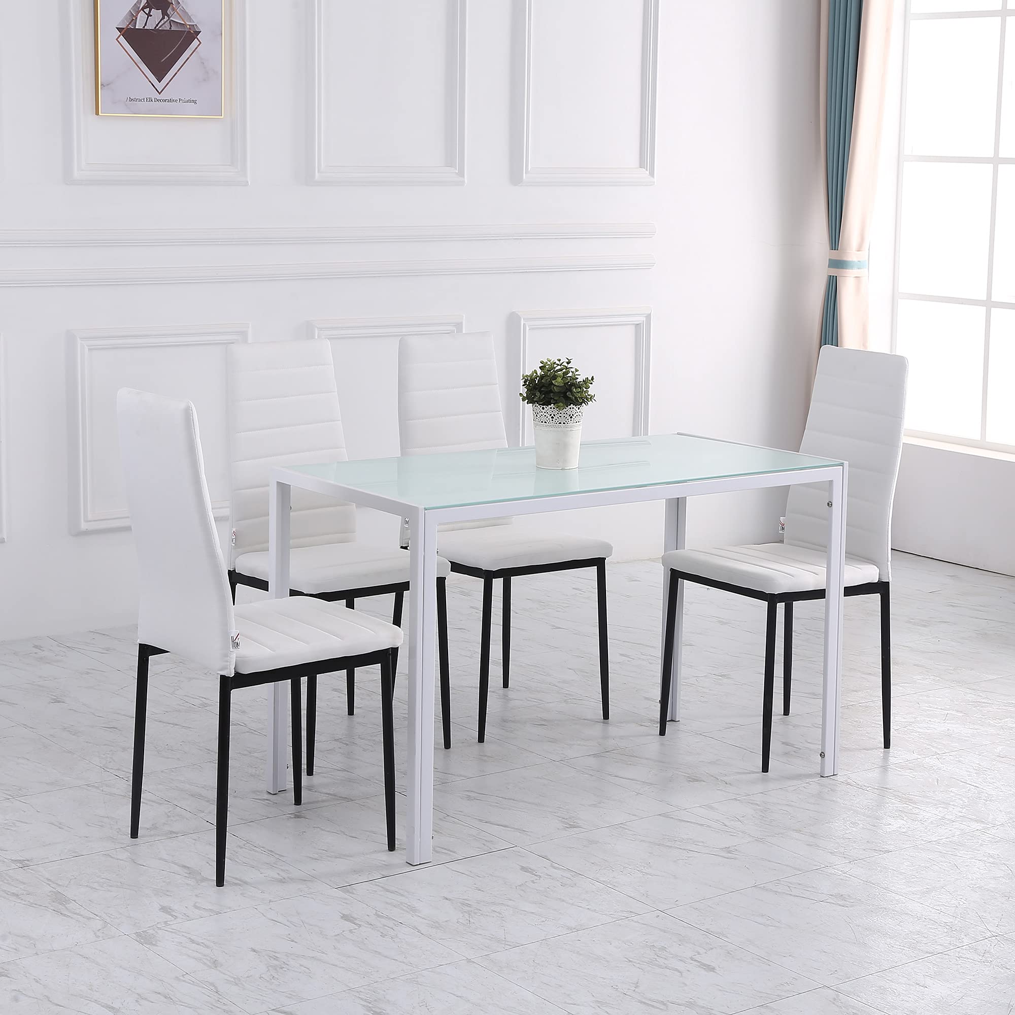 HOMCOM Tavolo Rettangolare da 4 Persone per Cucina e Soggiorno, Tavolo Moderno in Metallo e Vetro Temperato, 120x60x75 cm, Bianco