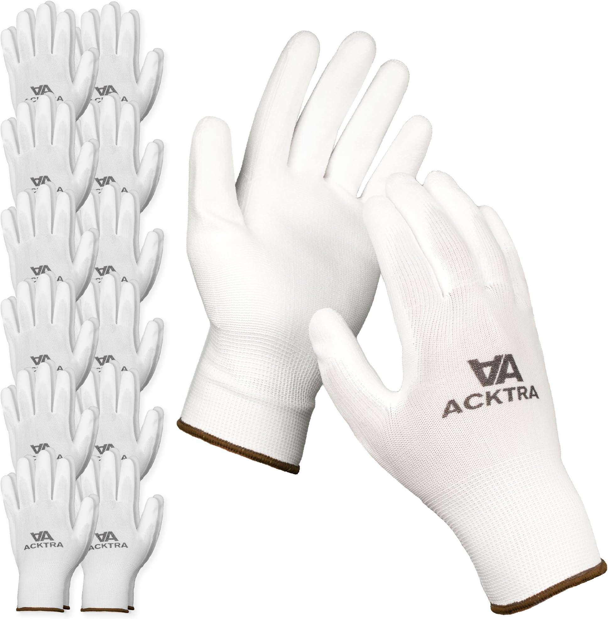 ACKTRA Ultra-Thin PU Safety WORK GLOVES 12 Pairs, WG002 White/White, Large