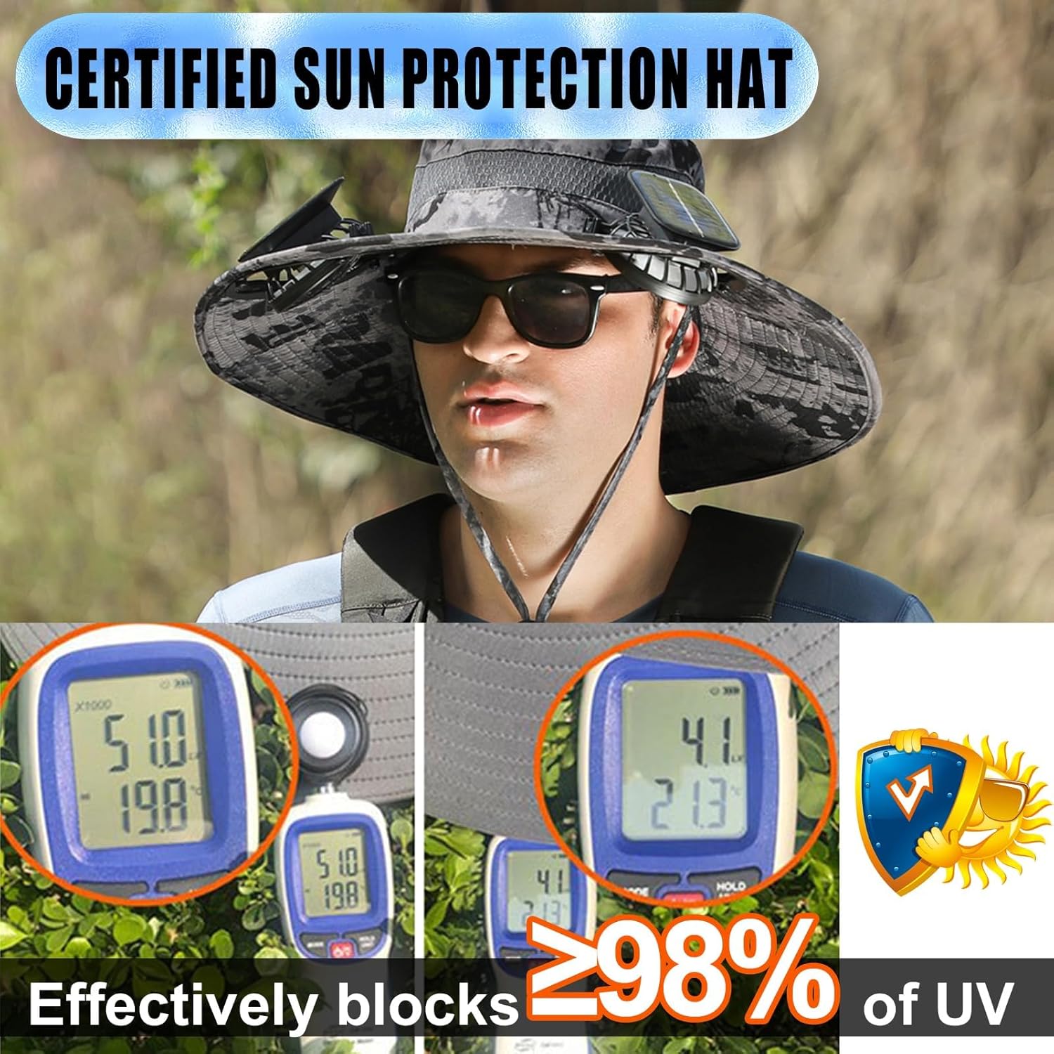 Solar Fan Sun Hat, Widen Brim Outdoor Fishing Men Hat with 2 Fans, Adjsutable 180°Rotating Cooling UPF 50+ - Image 4