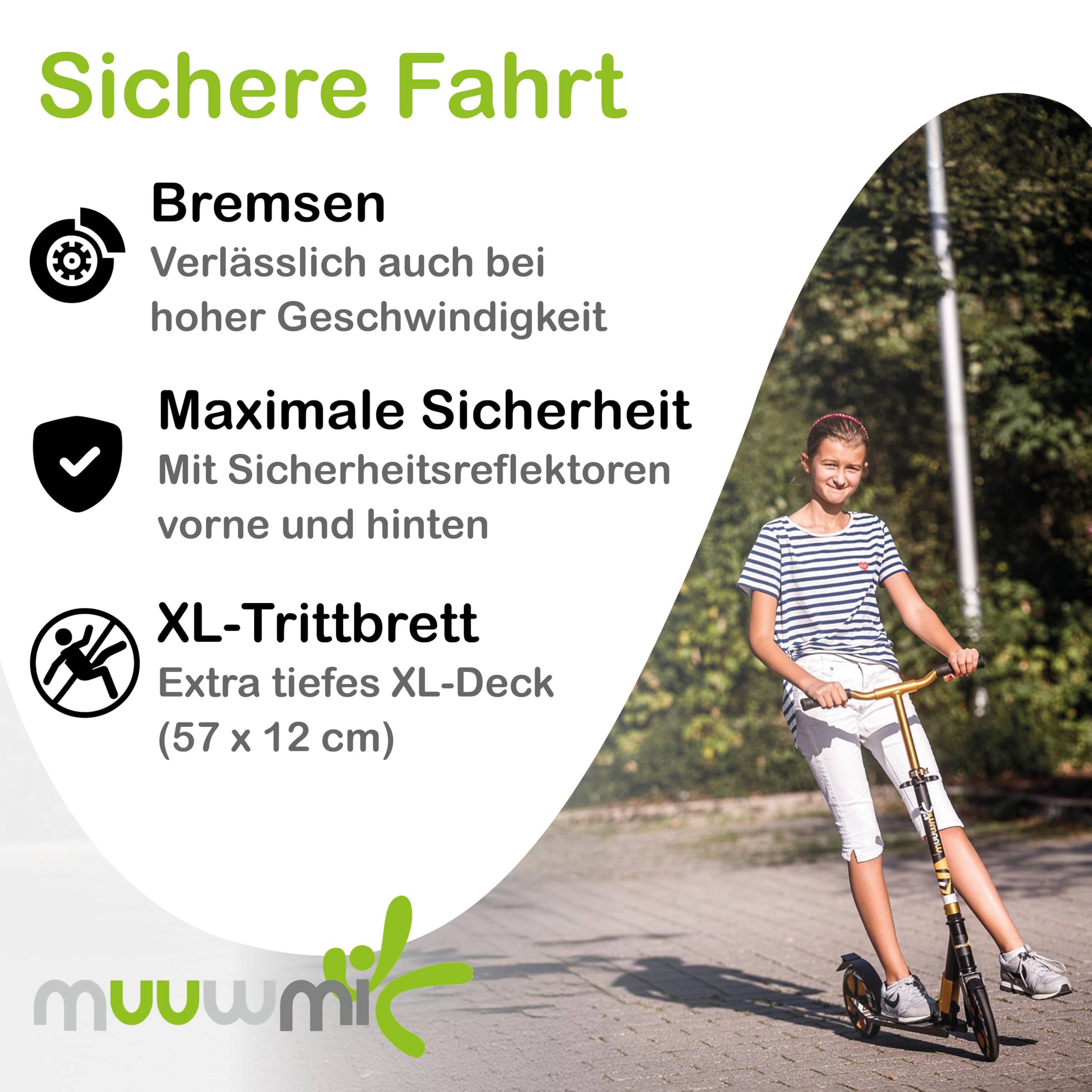 muuwmi Aluminium Scooter Deluxe – Tretroller, 205 mm, ABEC 7, für Kinder und Erwachsene, GS geprüft, höhenverstellbar