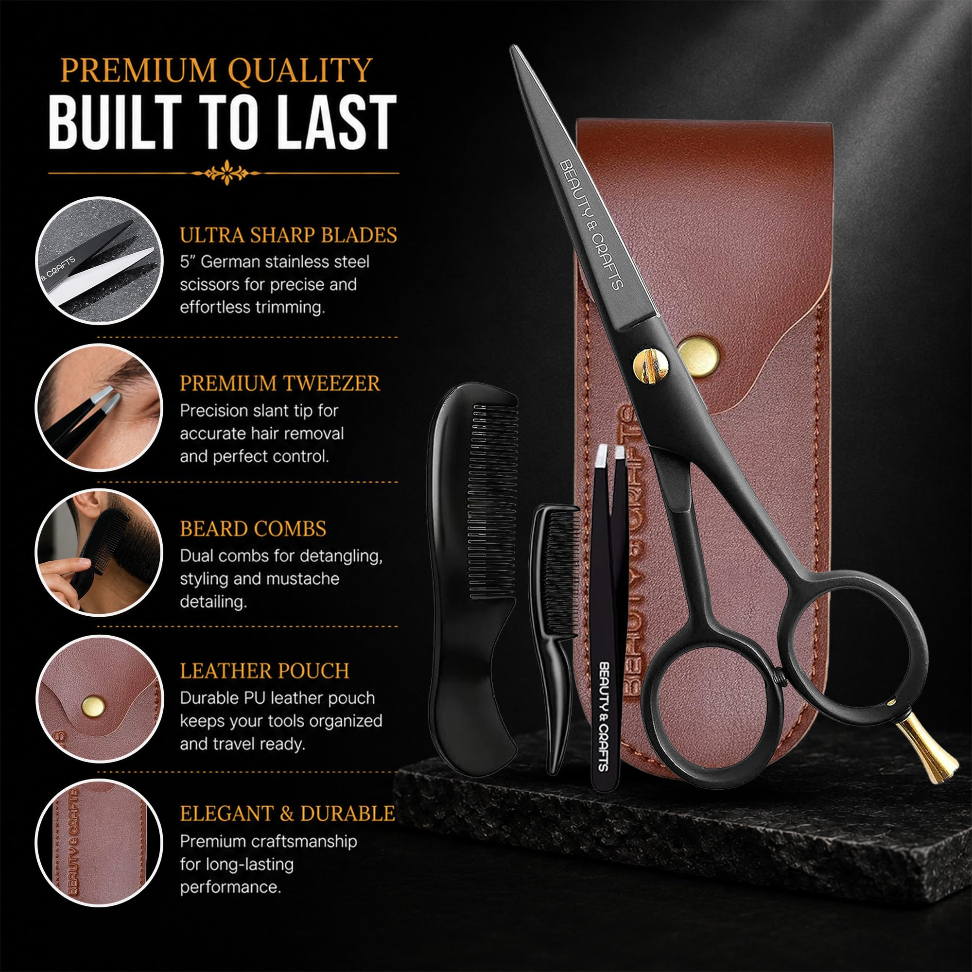 Tijeras profesionales alemanas para barba de 5 pulgadas para hombres, 2 peines de bigote para vello facial con hermosa bolsa y pinzas, tijeras de bigote para hombres, para aseo, corte, peinado,