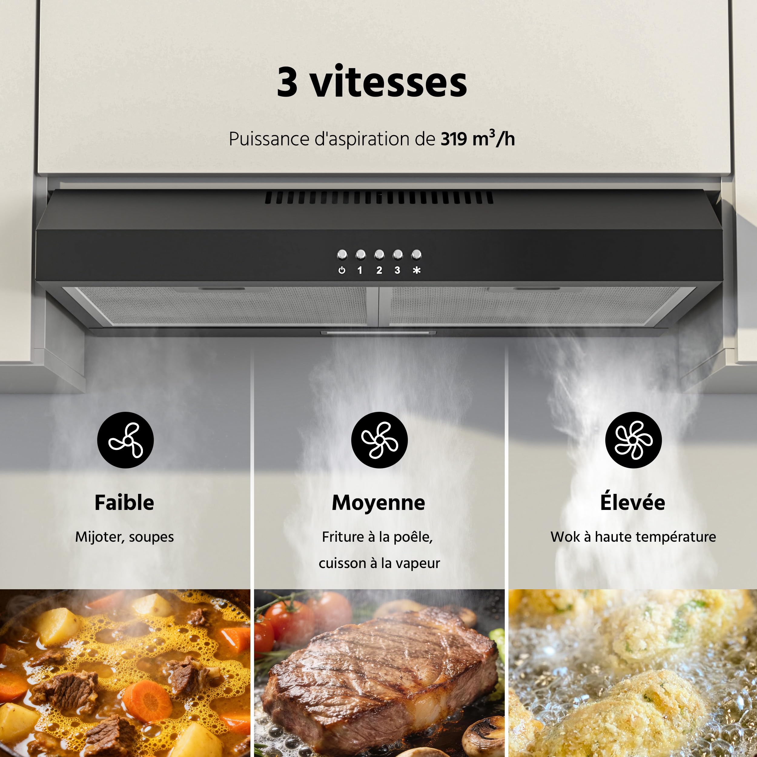 FIREGAS Hotte de Cuisine 60cm Noire au Design Moderne, Classe A++, Moteur sans Balais Ultra Silencieux, 3 Vitesses, Mode Recyclage ou Évacuation, Idéale pour Petit Appartement & Studio