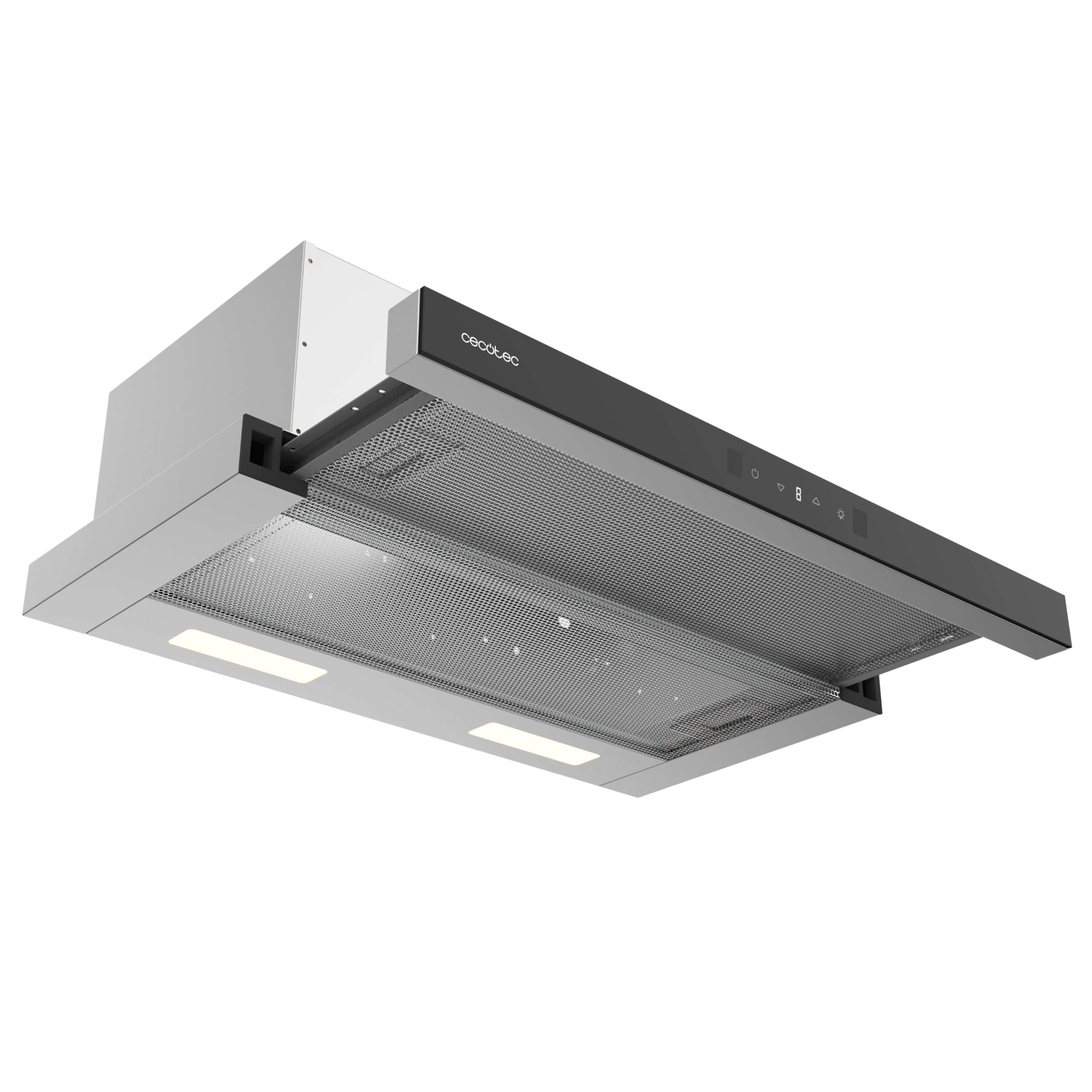 Cecotec Okap teleskopowy 60 cm Bolero Flux TLT 604400 Glass Black A+++. Ssanie 431,2 m³/h, niskie zużycie prądu, silnik DC, kontrola ruchu i dotyk, szkło przednie czarny, korpus ze stali nierdzewnej