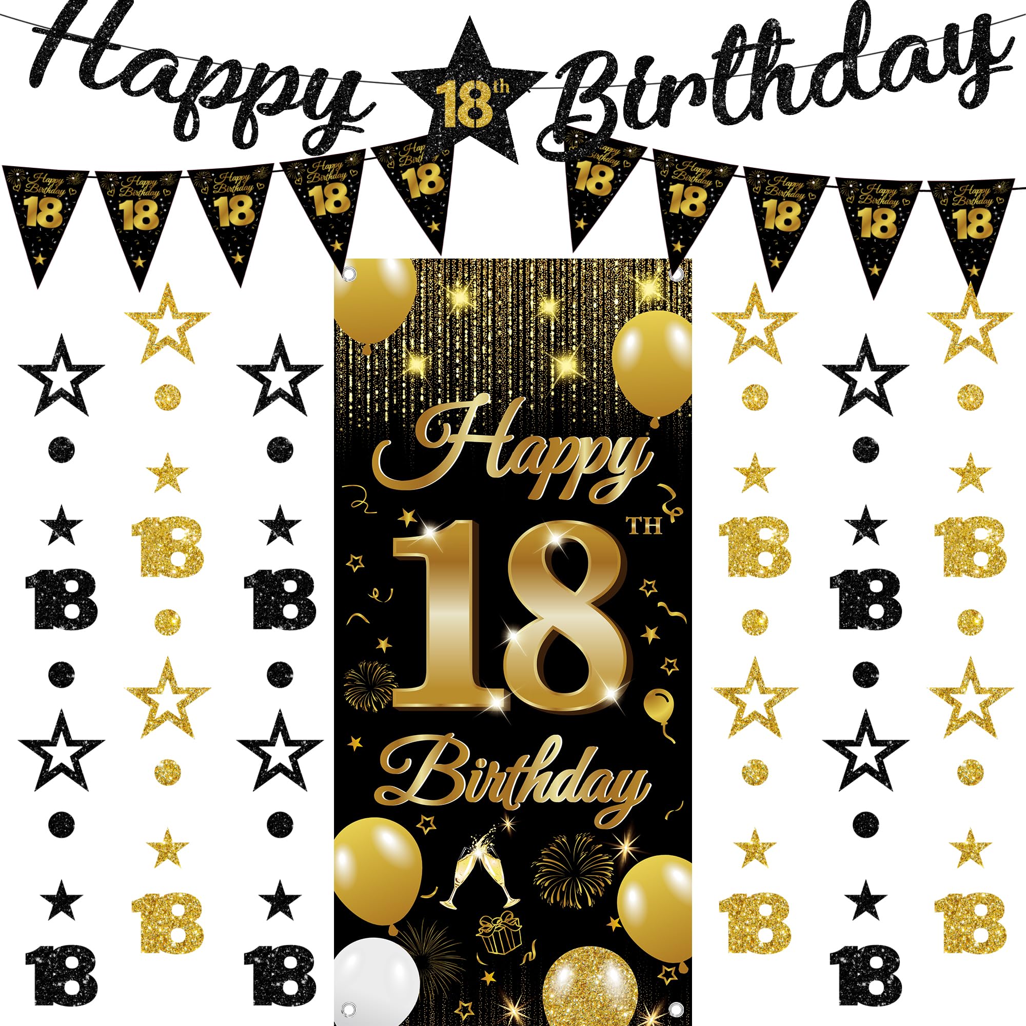 18th Birthday Decorations Banner Boys - 9 Pcs Black Gold Happy 18th Birthday Banner Triangle Flag Backdrop Cloth Hanging Swirls Decor Set for Boys Girls 18 Year Old Party Supplies