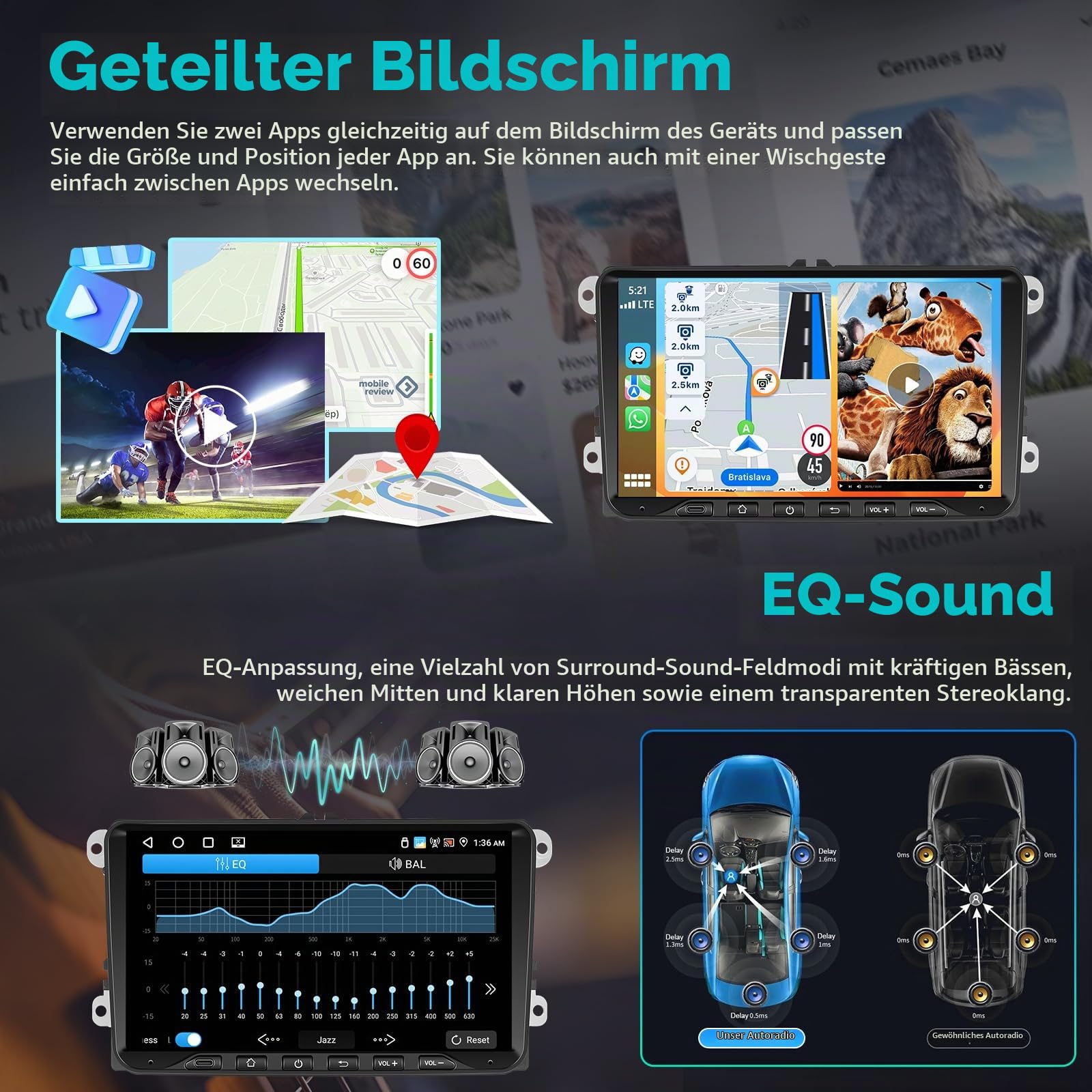 4GB+64GB Autoradio für VW Passat B6 T5 Golf 5 6 Polo 6R Tiguan T5 Jetta Seat Skoda mit Kabellosem Carplay, Android Auto GPS Bluetooth WiFi FM/RDS SWC Canbus EQ + AHD Rückfahrkamera