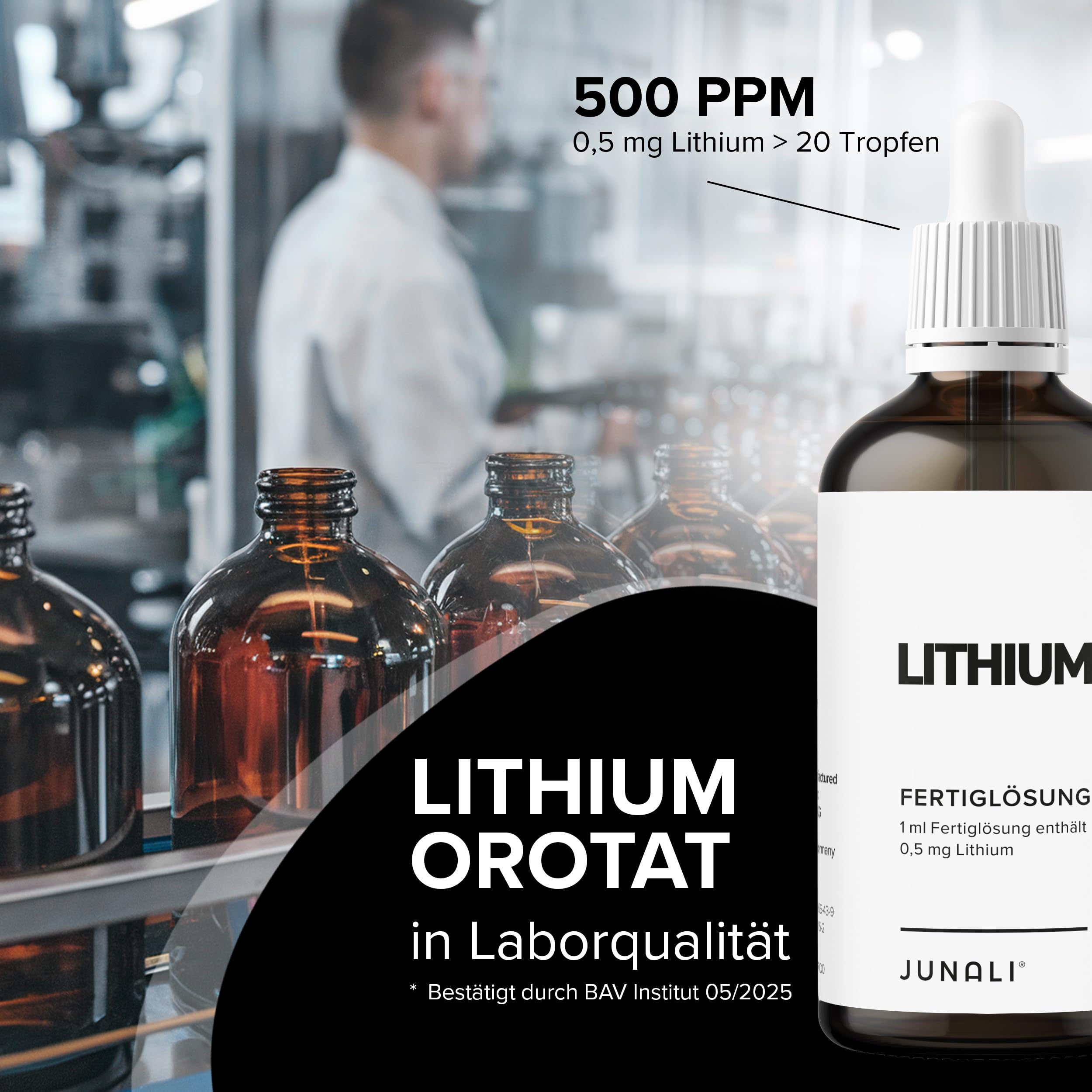 JUNALI® Litio, soluzione di litio puro (purezza: > 98,5%) e acqua pura, 1 ml di soluzione preriempita contiene 0,5 mg di litio = 500 ppm, 2 x 100 ml – Made in Germany