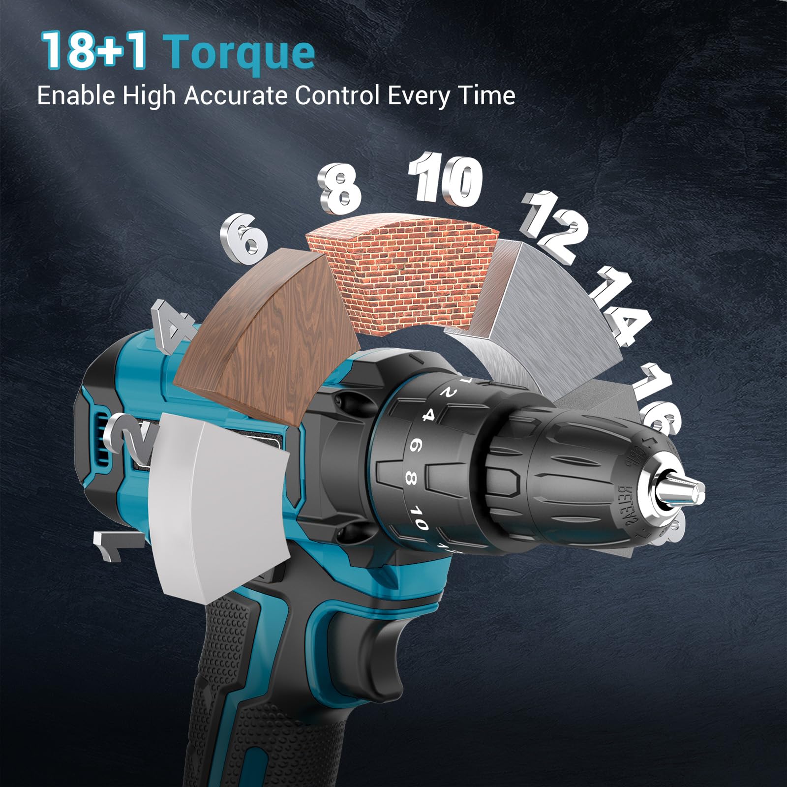 Taladro Atornillador Bateria 21V, LEEIKOO Atornillador Electrico con 2.0Ah Batería, 42Nm, 18+1 Ajuste de Par, 20 Accesorios, 2 Velocidad, LED Luz Para Hogar, Bricolaje, Azul