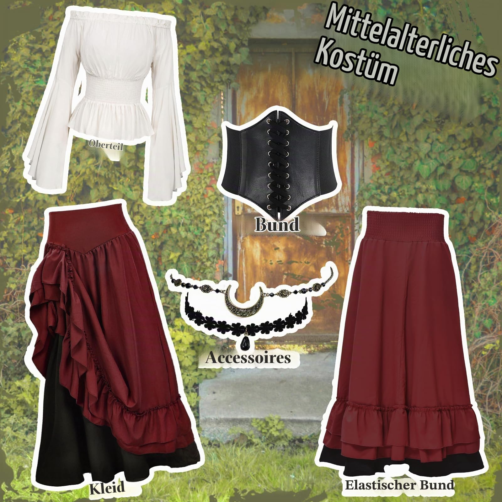 JONRRYIN Mittelalter Kostüm für Damen, Renaissance Viktorianisches Kleid, Mittelalter Kleidung Accessoires mit Ausgestellten Ärmeln und Hoher Taille, Gothic Retro Kleid Karneval Halloween (Rot, S)