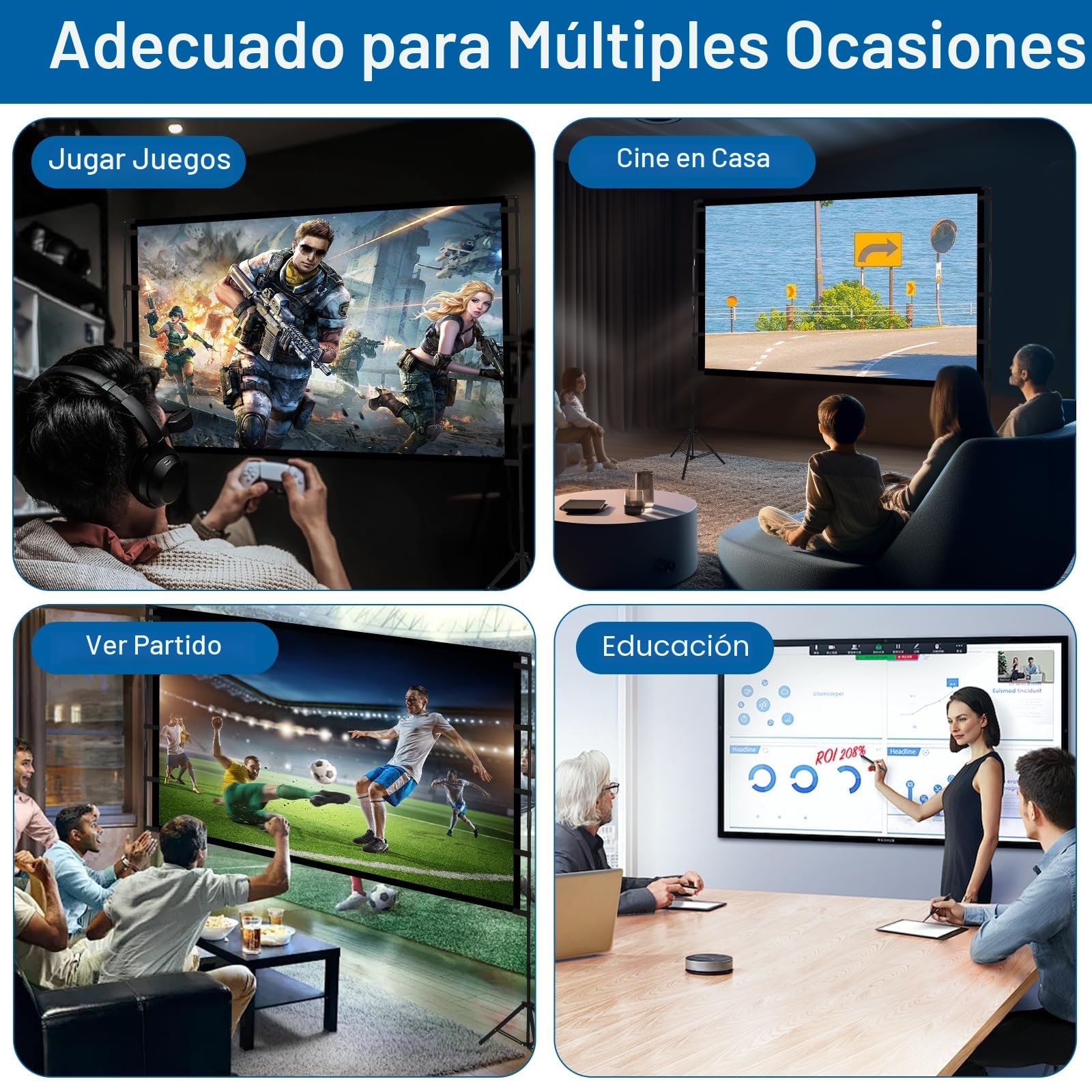 Pantalla Proyector Portátilcon con Tripode 100 Pulgadas, 16:9 4K Full HD Pantalla de Proyección para Cine Casa Camping Eventos Recreativos