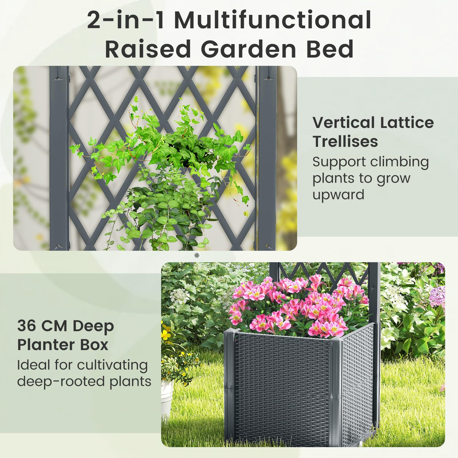 RELAX4LIFE Jardinière Surélevé avec Treillis 140CM avec 2 Bac à Fleurs, Disque Auto-Arrosant, Trous de Drainage pour Plantes Grimpantes Légumes Fleur pour Jardin Terrasse Balcon (Gris,40x40x140cm)