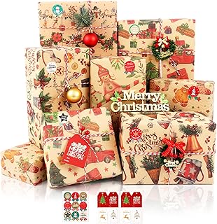 Christmas Wrapping Paper Sheet, 8 Thick Kraft Christmas Wrapping Paper Set, Vintage Kraft Gift Wrapping Paper for Xmas Birthday New Year Graduations Shower Holiday Weddings Decorations, 50x70CM