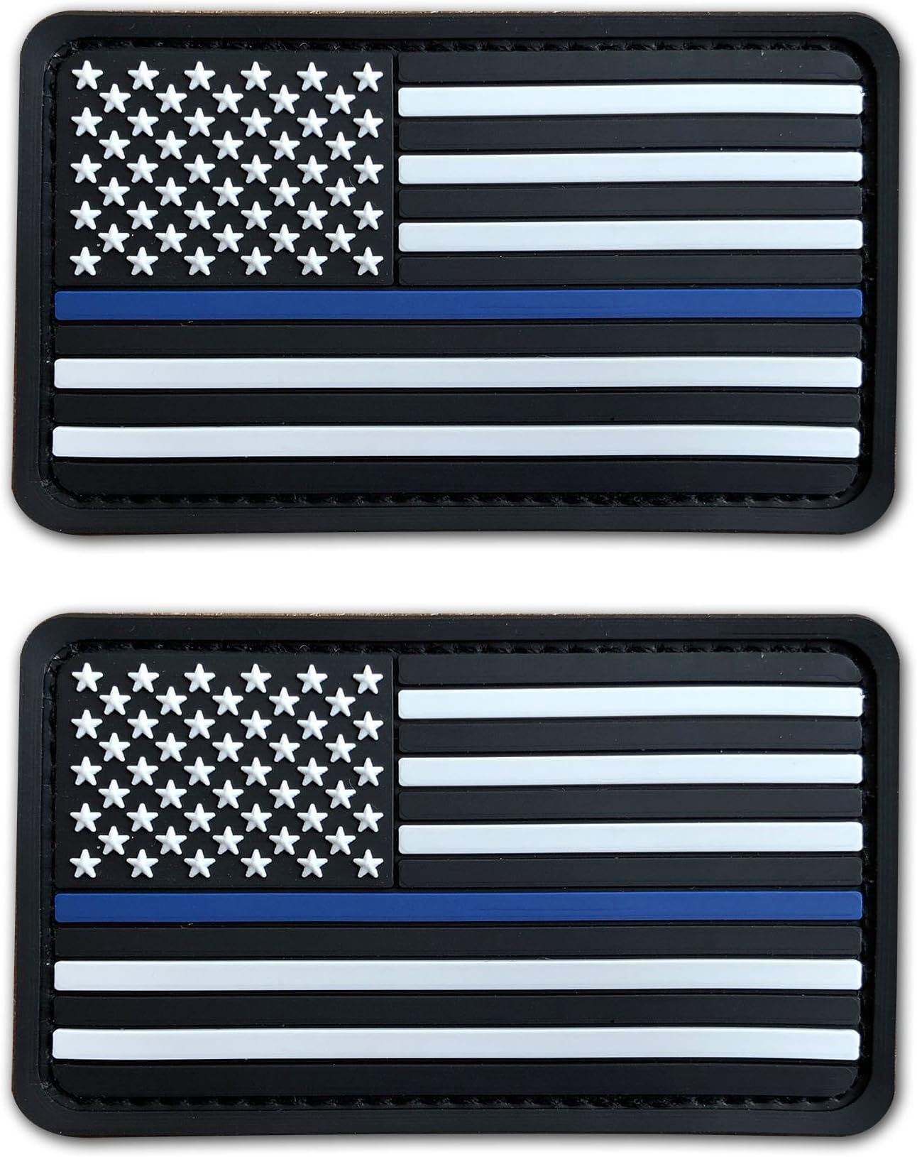 Zittop 2 Pack 2x3.2 Inches 3D PVC Rubber Thin Blue Line US USA American Flag Patch Hook-Fastener Backing (White)