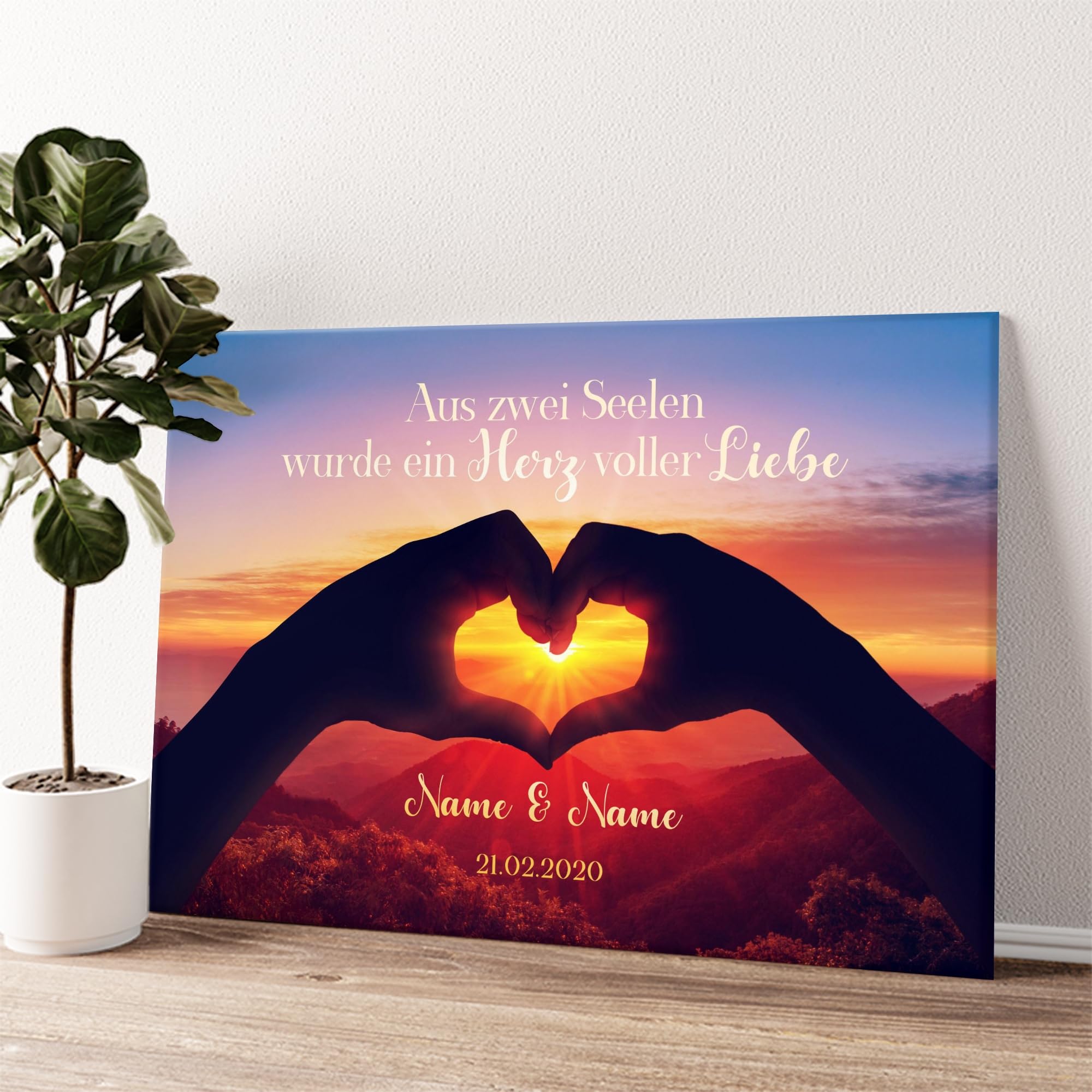 Liebesleinwand Individuelles Wandbild Zwei Seelen werden ein Herz | Jahrestag, Hochzeitstag Geschenke für Frauen | Leinwand mit Namen und Datum gestalten