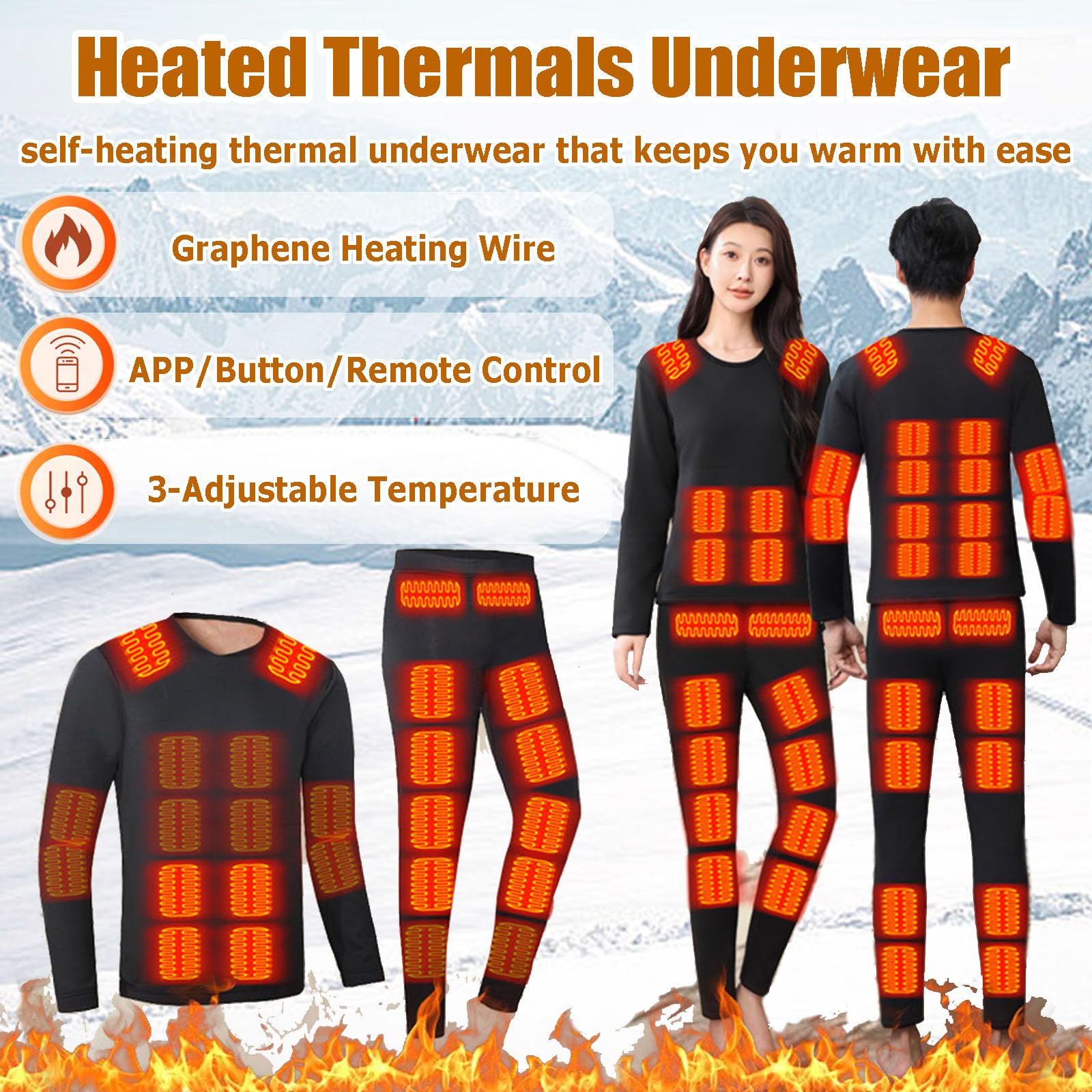 Beheizbare Unterwäsche Für Männer Und Frauen Thermo-Langunterhose Set Fleece-Gefüttertes Langarm-Oberteil & Unterteil Basisschicht