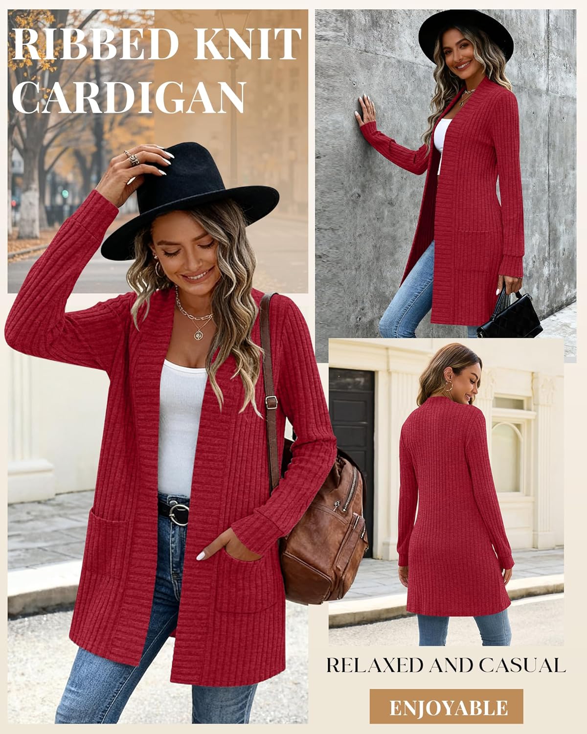 Women's Long Cardigan Sweater with Patch Pockets, Open Front Long Sleeve Lightweight Loose Ribbed Knit Coatigan - Image 3