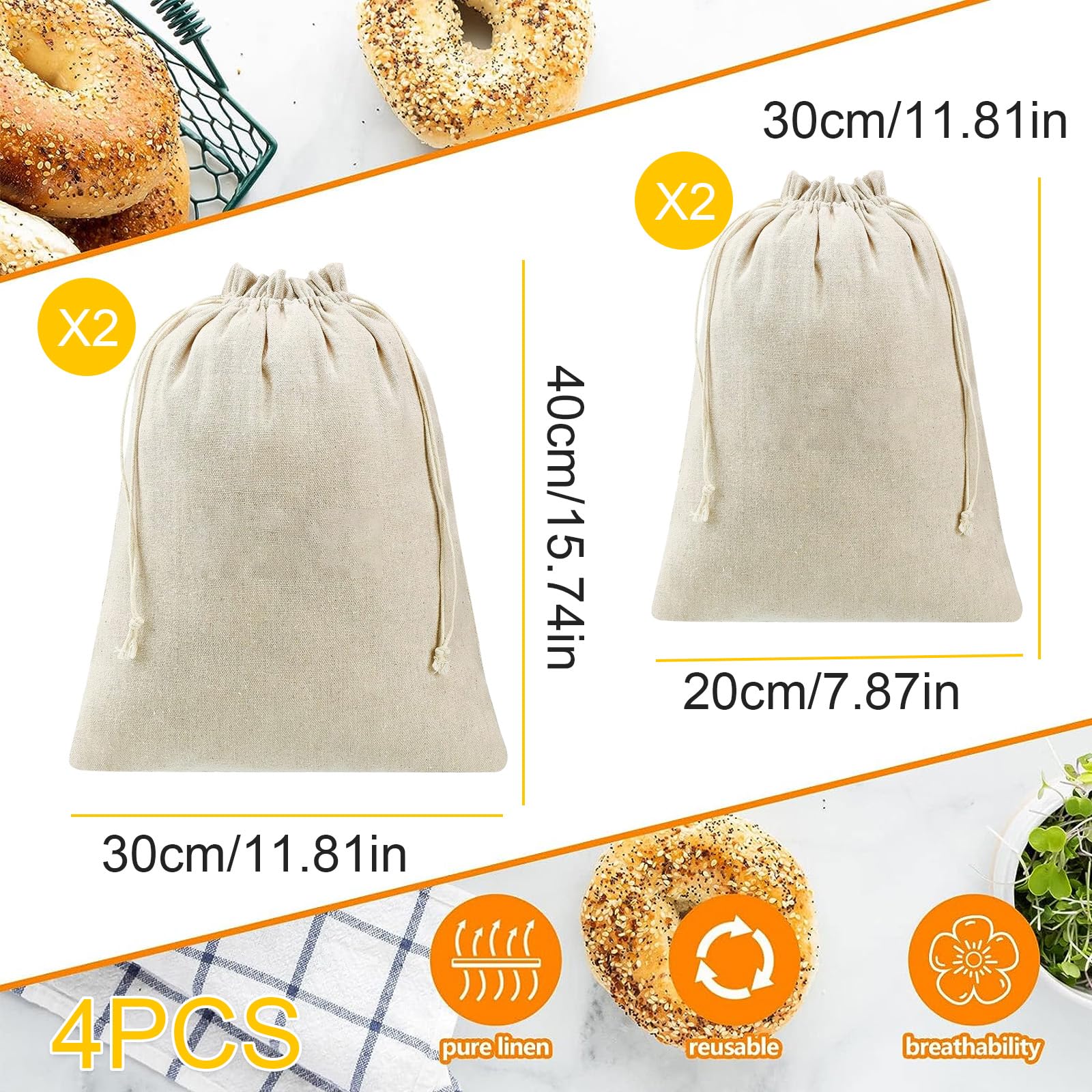 4 Sacs à Pain Lin 30x40cm - Fermeture Cordon & Lavables (Écologiques)
