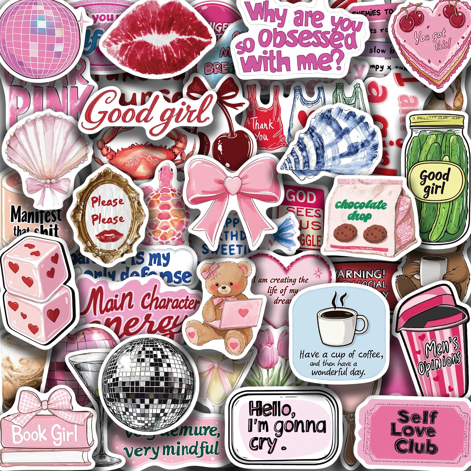50Pcs Pink Coquette Self Love Vinyl Stickers, Cute Girly Manifestation Quote Waterproof Decals for Journal Water Bottle Laptop Scrapbook