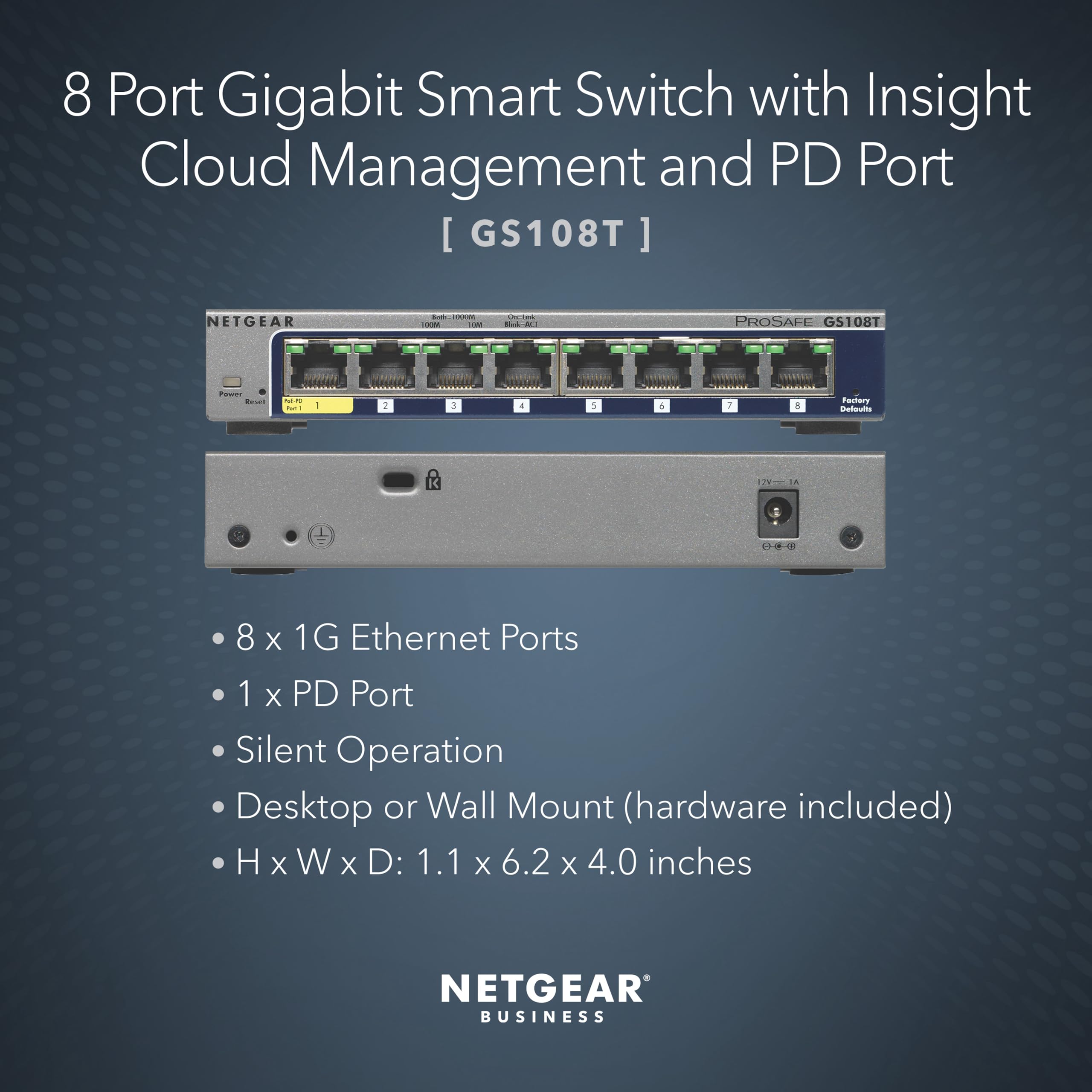 NETGEAR Commutateur Intelligent Gigabit Ethernet 8 Ports (GS108T) – Géré, avec 1 Port PD, Gestion du Cloud Insight en Option, Support de Bureau ou Mural, Fonctionnement Silencieux et Protection à Vie