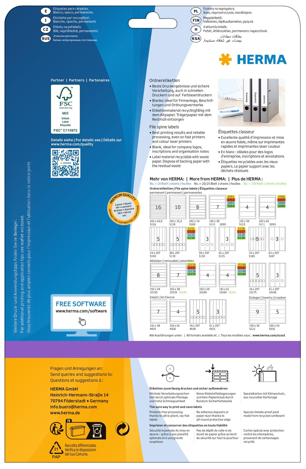 HERMA 10180 Ordnerrücken Etiketten ablösbar lang breit, 800 Blatt, 59 x 297 mm, 3 pro A4 Bogen, 2400 Stück, selbstklebend, bedruckbar, blickdicht, Papier Ordneretiketten Rückenschilder Aufkleber, weiß