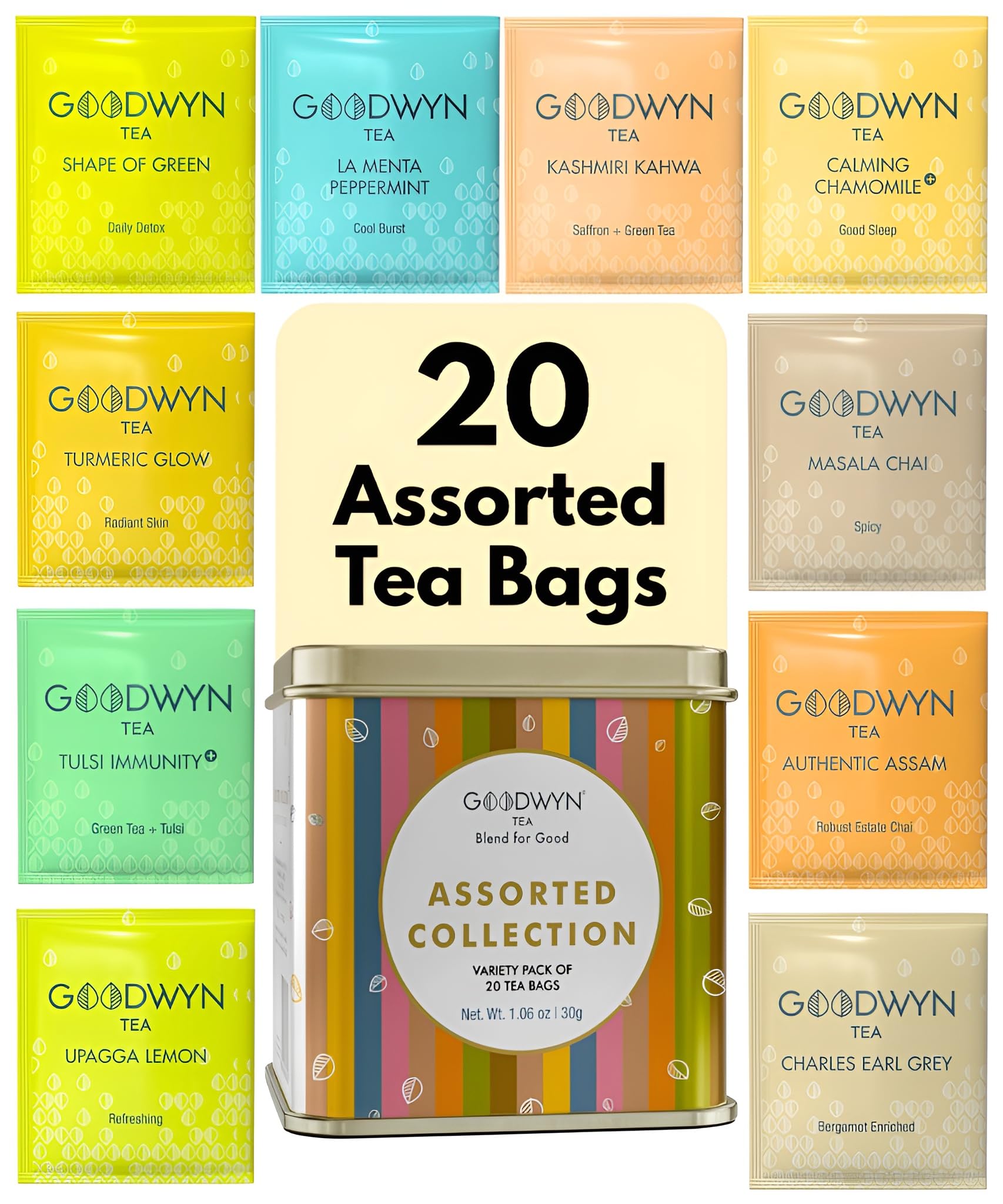 Goodwyn Assorted Herbal Tea Sampler Gift Box (20 Tea Bags) – 10 Flavors x 2 Each | Tulsi, Kahwa, Turmeric, Assam, Green, Lemon, Earl Grey, Masala, Chamomile, Peppermint | Reusable Tin Can