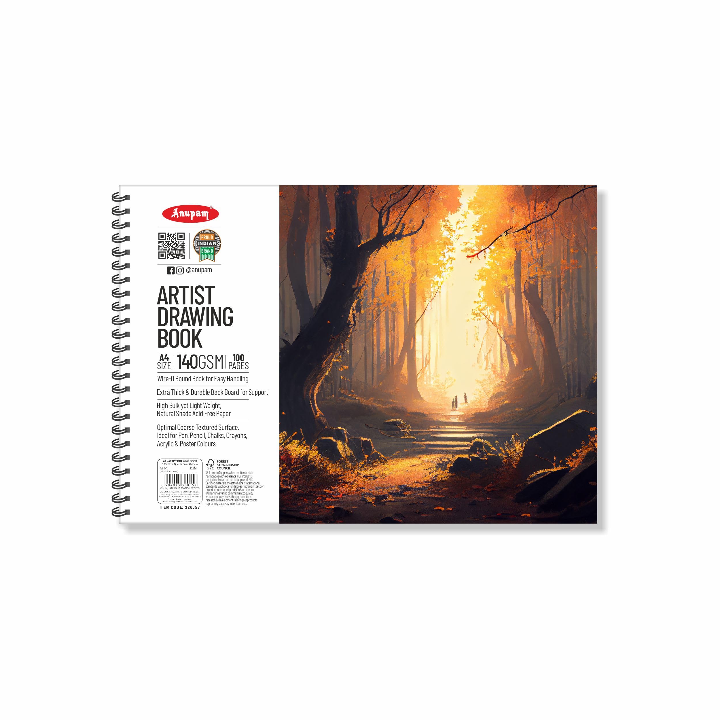 Anupam Artist Drawing Book for Sketching with Cartridge Paper for Sketching Wiro Binding 140GSM 50 Sheets, 100 Pages for Artists, Kids & Professionals for Marker Colored Pencil Pastels (A4 Size)